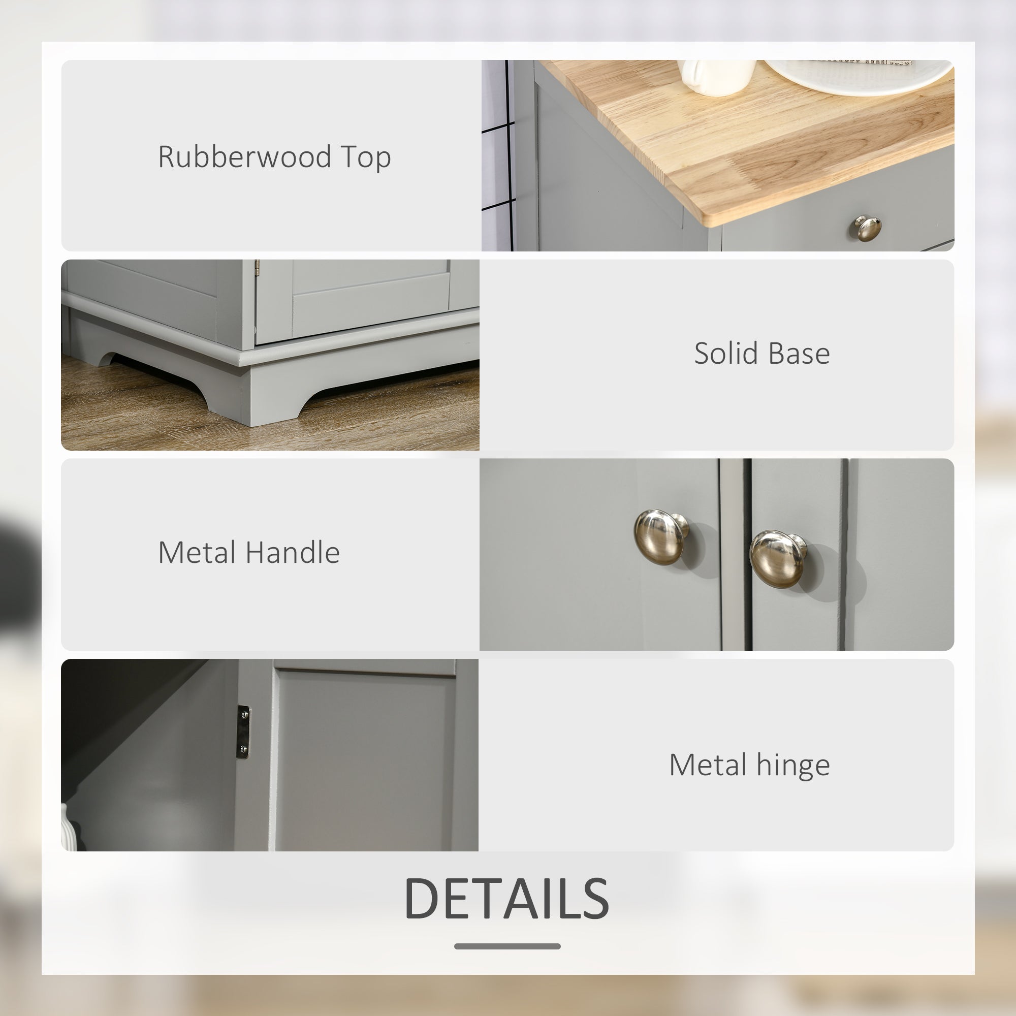 HOMCOM Modern Sideboard with Rubberwood Top Buffet Cabinet with Storage Cabinets Drawers and Adjustable Shelves for Living Room Grey