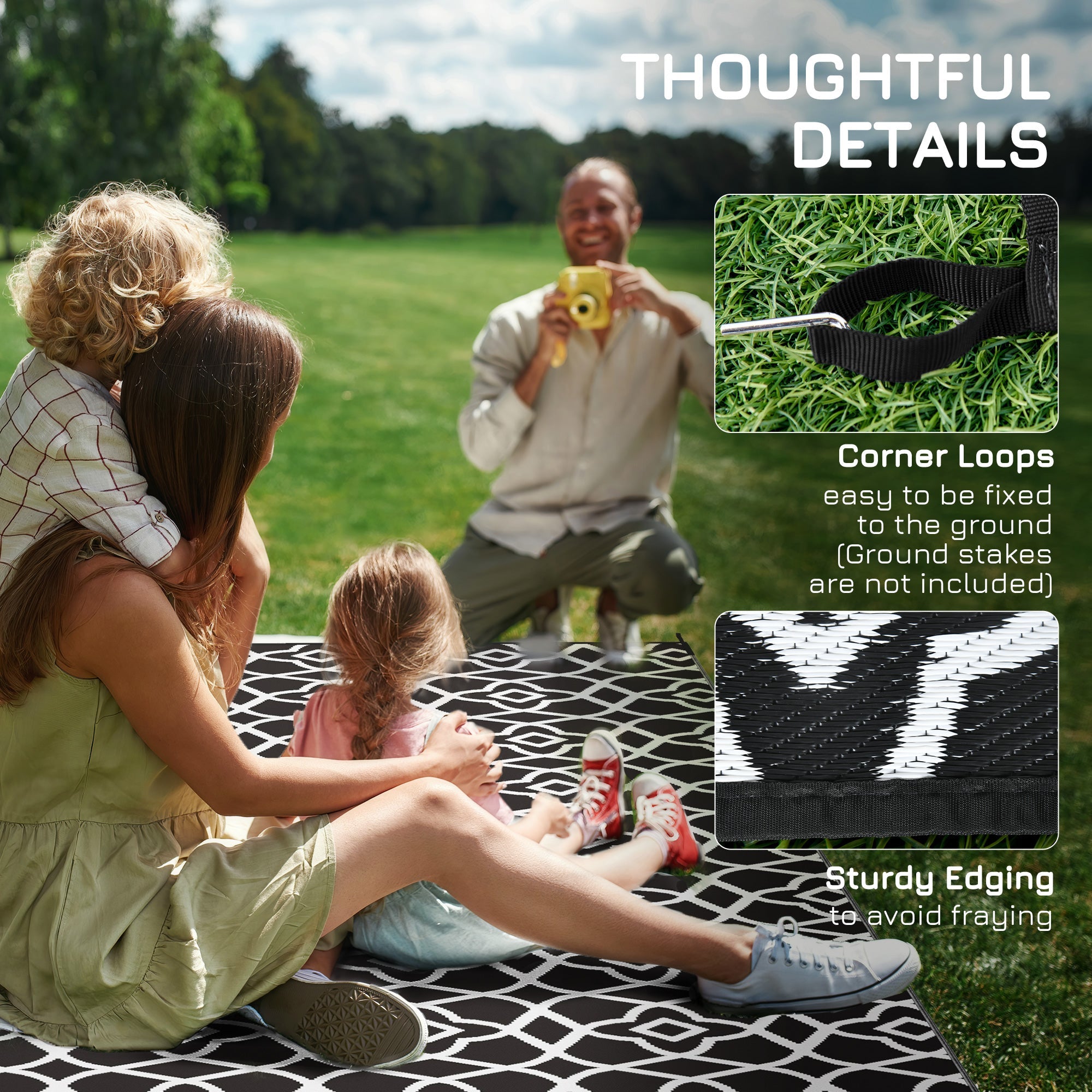 Outsunny Reversible Outdoor Mat Waterproof Plastic Straw Patio Rug 9x18 with Carry Bag Black White Clover
