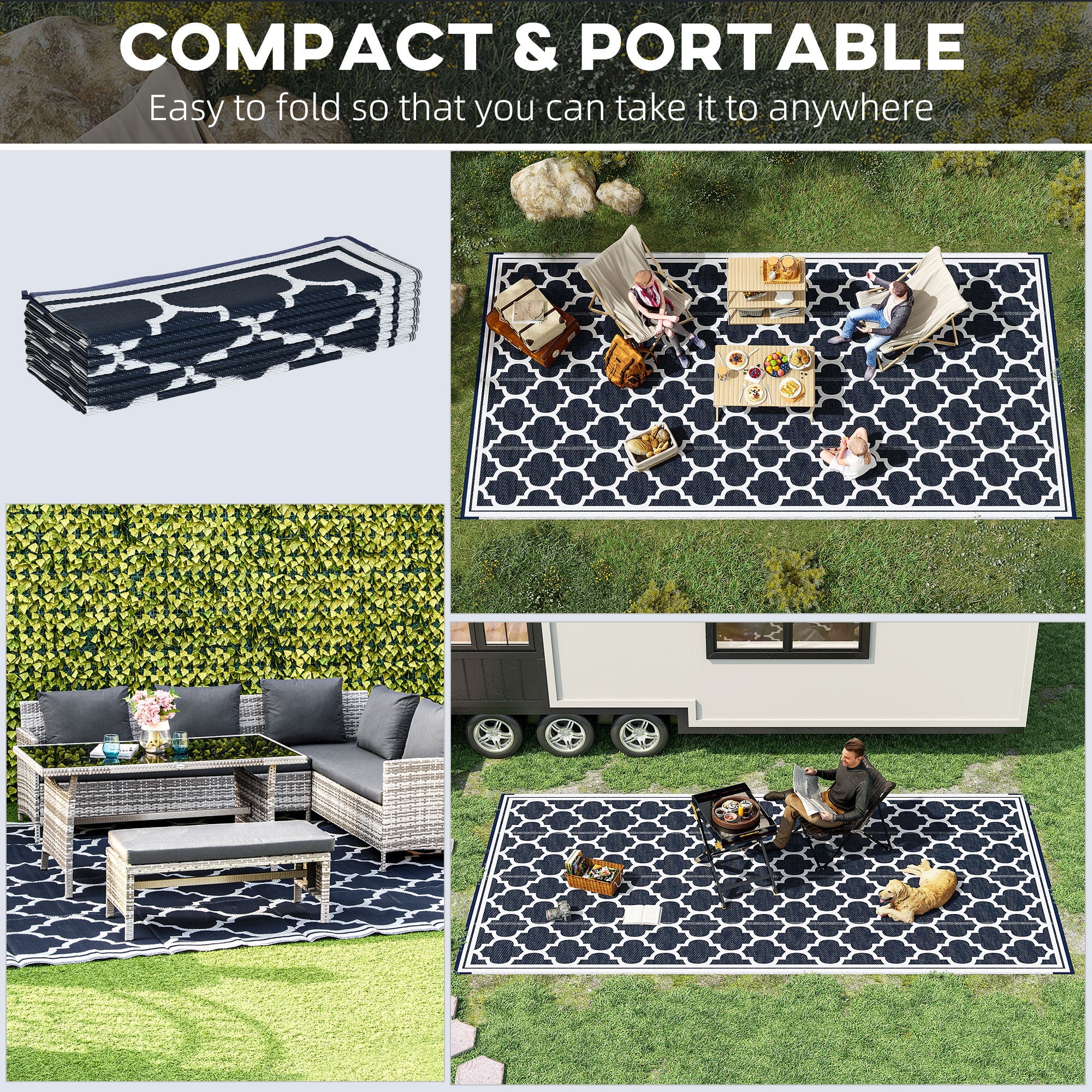 Outsunny 9' x 18' Reversible RV Outdoor Rug Patio Mat Blue White Plastic Straw for Camping Deck Backyard
