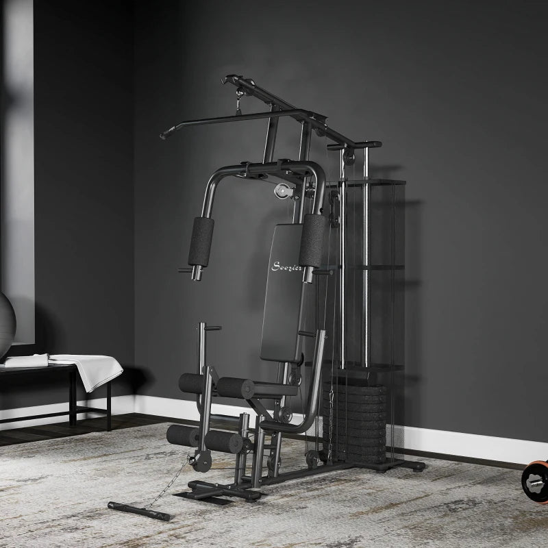 Soozier Home Gym, Multifunction Gym Equipment Workout Station with 100Lbs Weight Stack for Lat Pulldown, Leg Extensions, Preacher Bicep Curls, Triceps Pulldowns, Chest Press, Black
