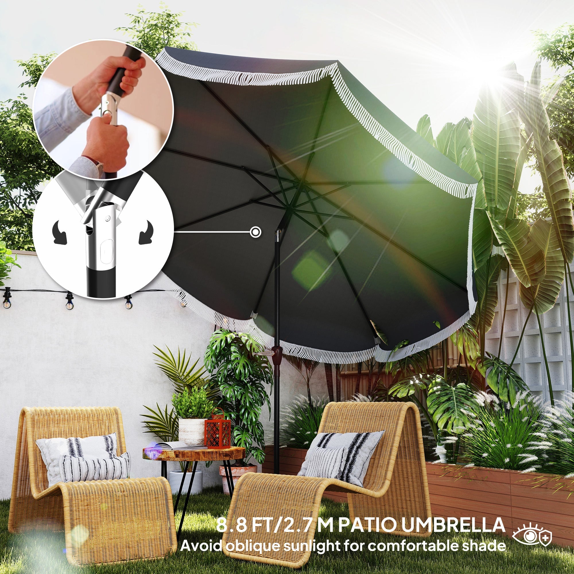 Outsunny 9FT Patio Umbrella Parasol, UPF 30+ Outdoor Market Umbrella with Crank, 8 Ribs, Push Button Tilt, Vented Patio Table Umbrella for Deck Backyard Lawn, Charcoal Grey