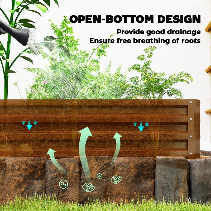 Galvanized Raised Garden Beds, Outdoor Planter Box, Set of 2, for Flowers, Herbs and Vegetables, Brown Wood Effect