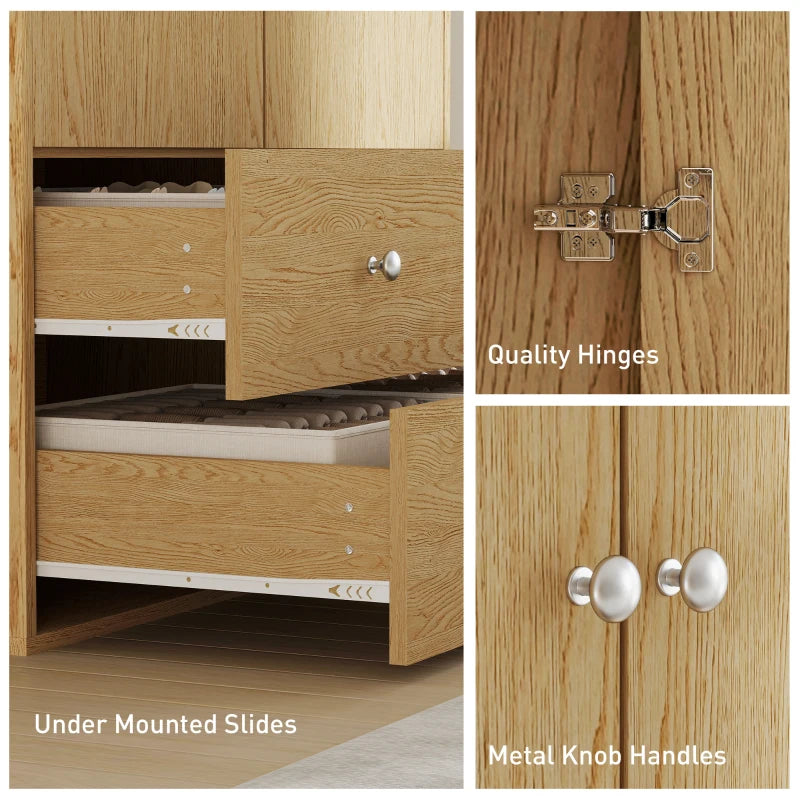 Modern Wardrobe Closet Armoire with 2 Drawers and Hanging Rod, Clothes Storage Organizer for Bedroom, Natural Wood