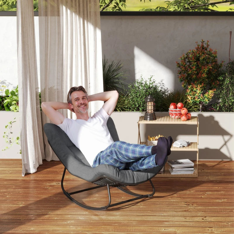 Outdoor Rocking Chair, Oversized Patio Egg Chair with Padded Cushion, Rattan Wicker for Indoor, Backyard, Dark Grey