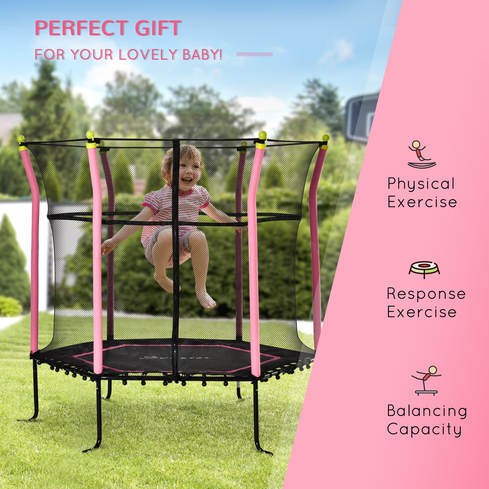 Soozier 63" Kids Trampoline Mini Indoor/Outdoor Bouncer Jumper Enclosure Net Elastic Padded Pole Gift Pink 3-10 Years
