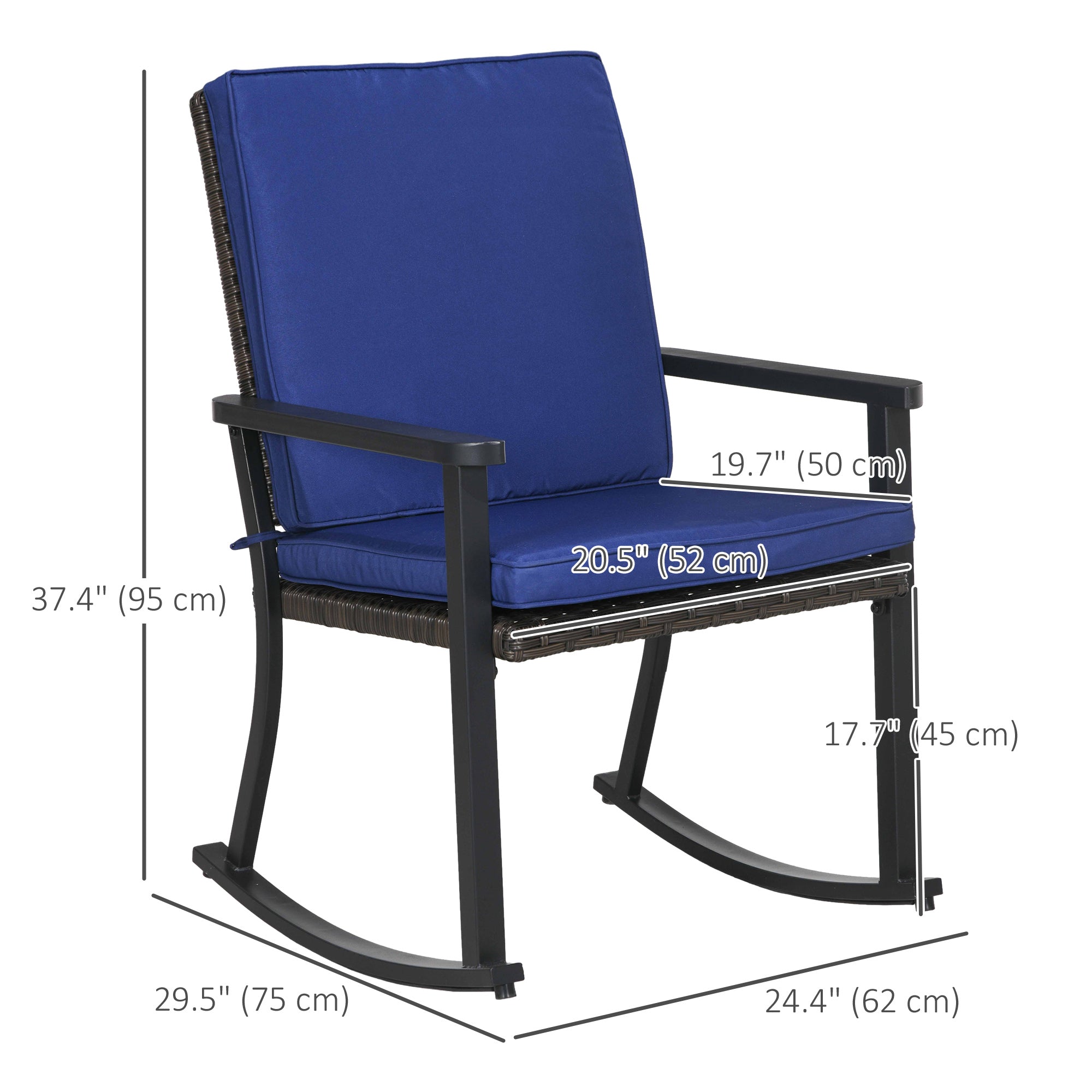 Outsunny Patio Wicker Rocking Chair Outdoor PE Rattan High Back Armrest Seat Cushion Blue Color Furniture
