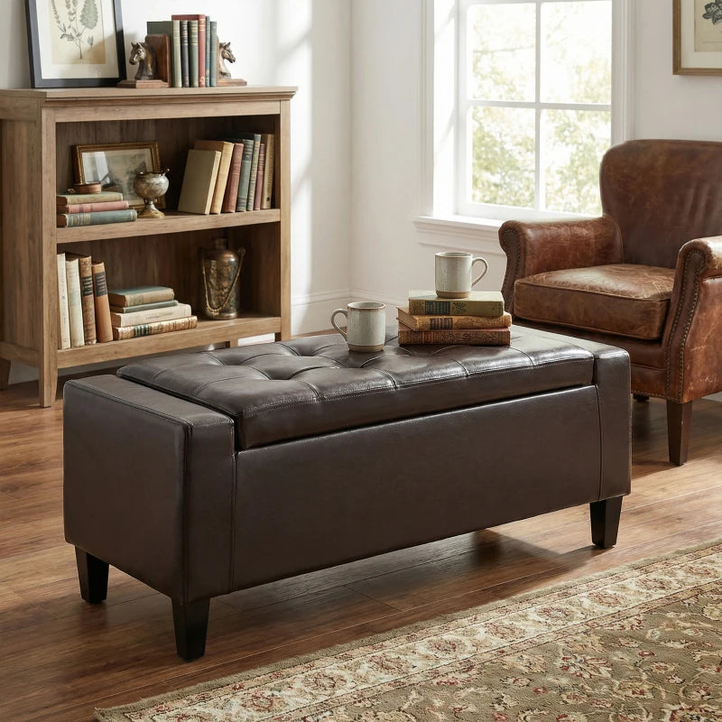 Storage Ottoman Bench, PU Leather Upholstered Bench with Tufted Design, Brown