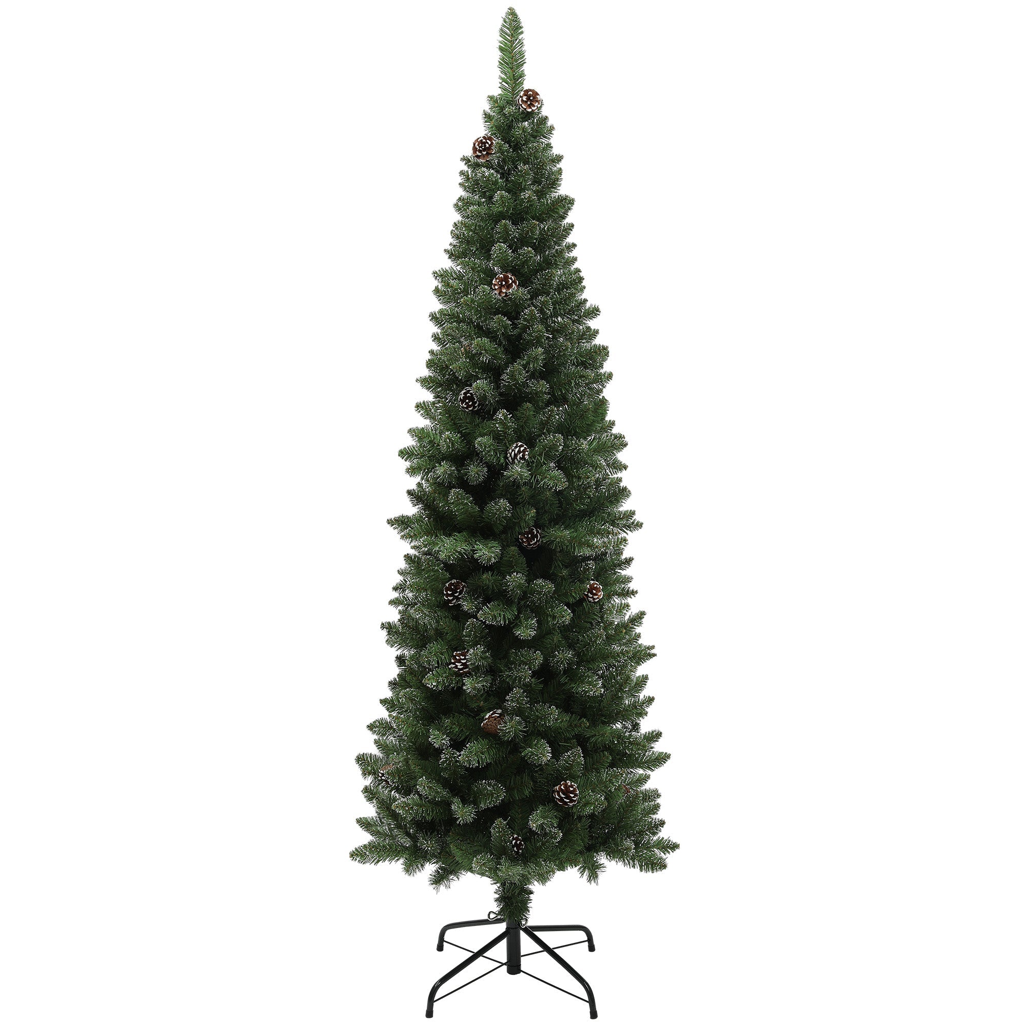HOMCOM 6ft Artificial Pencil Christmas Tree with 618 Branches, Pinecones, Metal Stand, Realistic Xmas Tree for Home