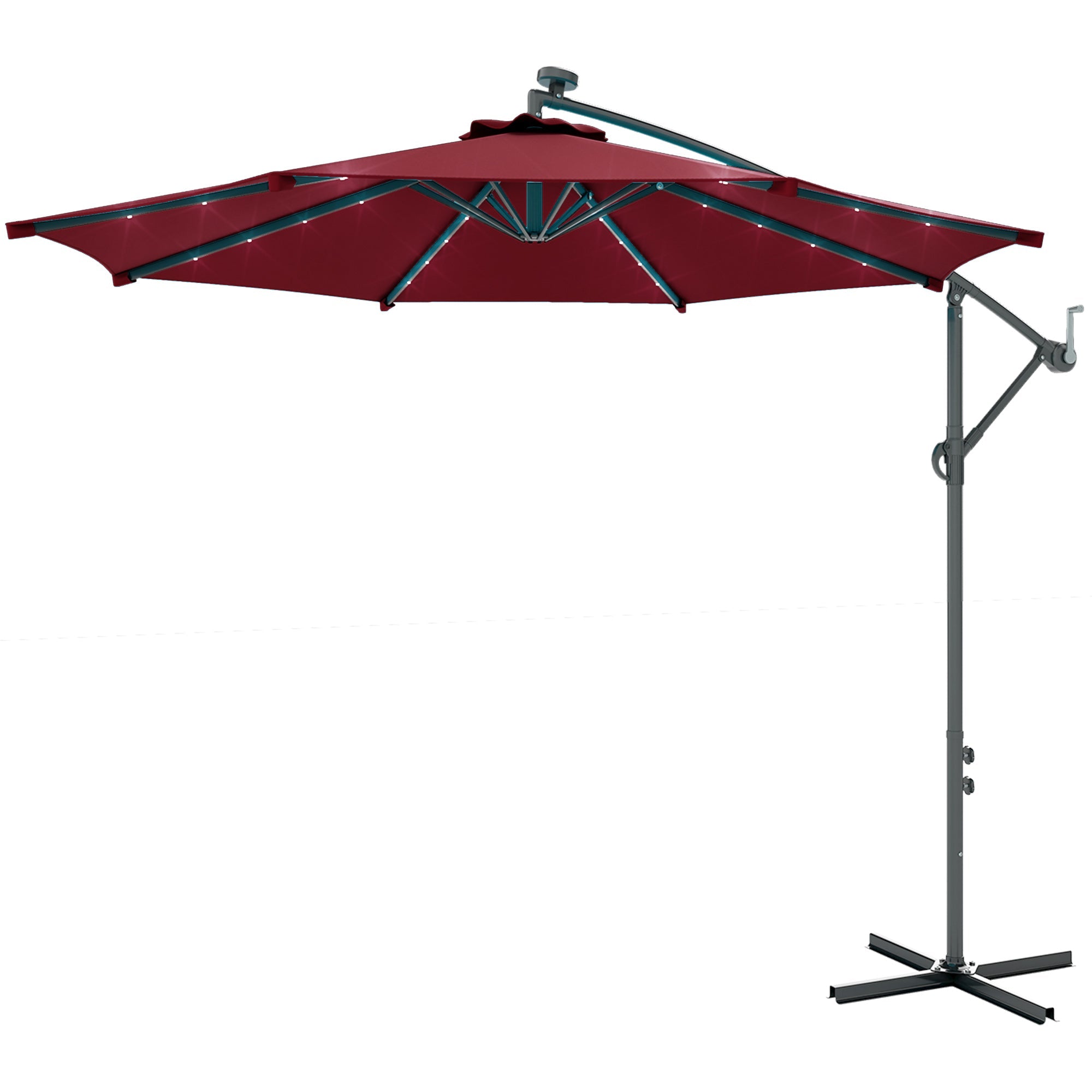Outsunny 10ft Outdoor Cantilever Umbrella Banana Umbrella with Solar Lights and Adjustable Angle for Patio Backyard Wine Red