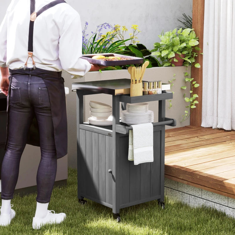 Grill Table with Stainless Steel Top, Pizza Oven Table with Storage Cabinet, Spice Rack, Wheels, Handle, Dark Grey