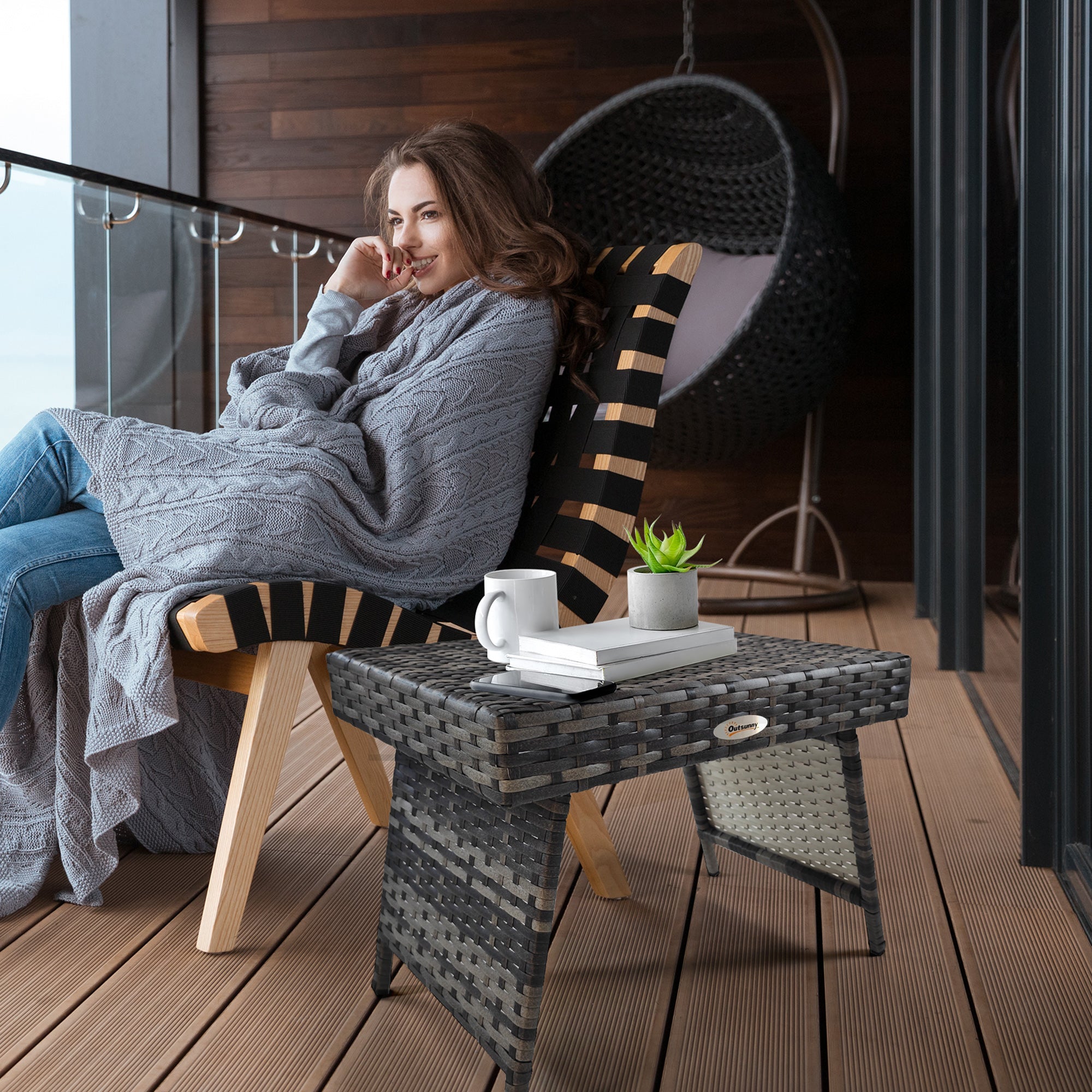 Outsunny Rattan Foldable End Table Outdoor Metal Frame Patio Wicker Coffee Table for Poolside Lawn Garden Mixed Grey