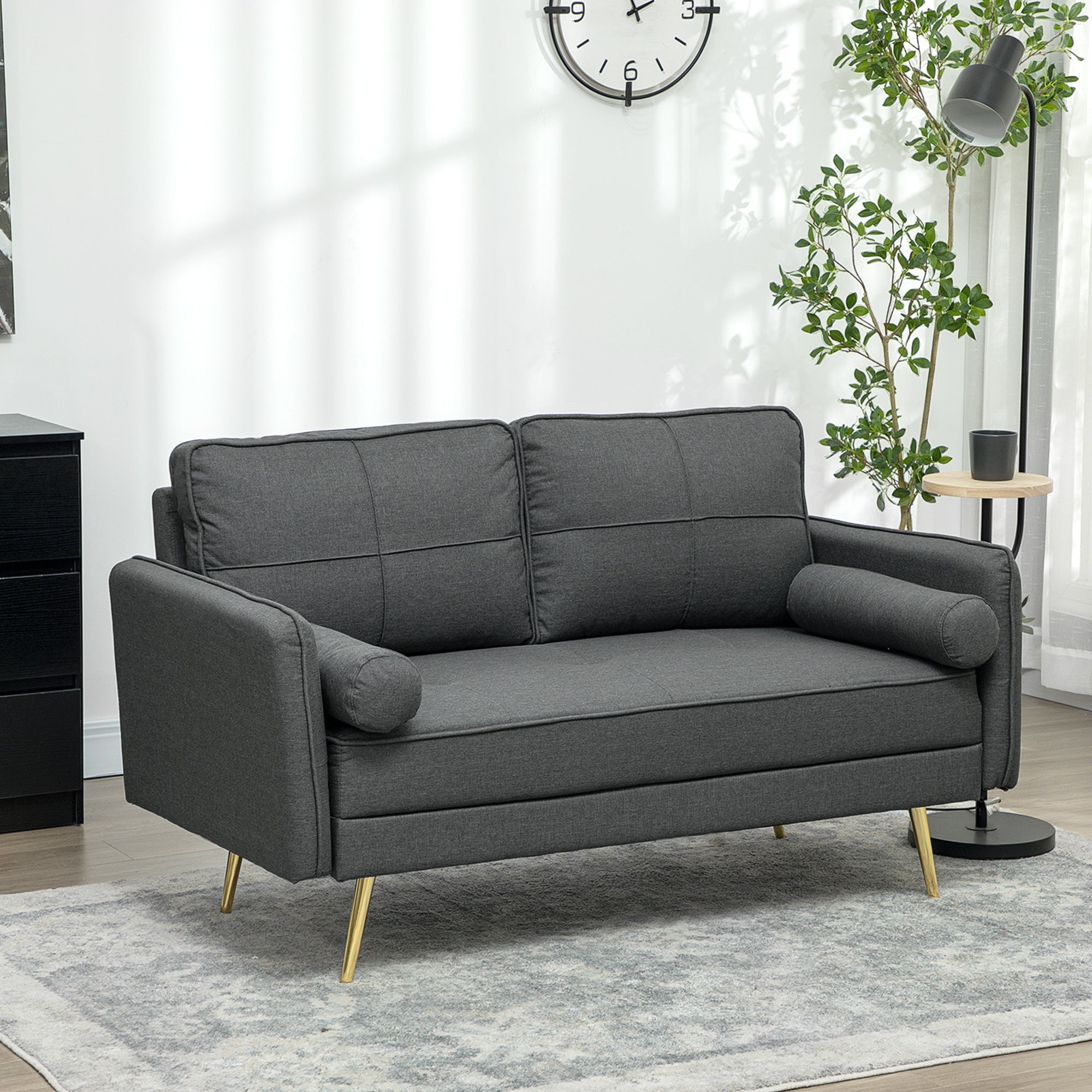 HOMCOM 56" Loveseat Sofa for Bedroom Upholstered 2 Seater Couch with Back Cushions and Pillows, Dark Grey