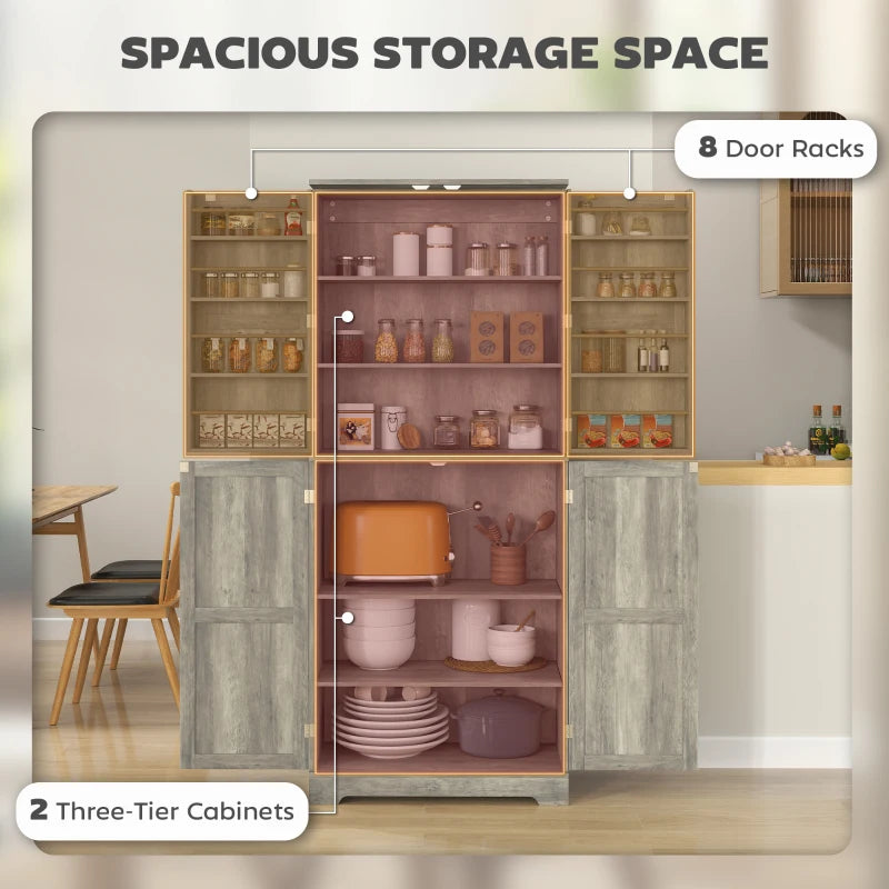 Farmhouse Kitchen Pantry Cabinet, Kitchen Cabinet with Barn Doors, Adjustable Shelves and Door Racks, Distressed Grey
