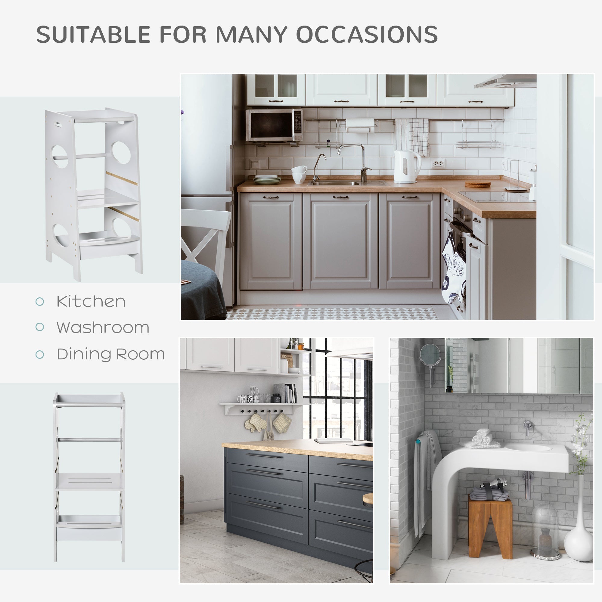 HOMCOM Adjustable Toddler Kitchen Step Stool with Safety Rail in Grey - Perfect for Little Helpers