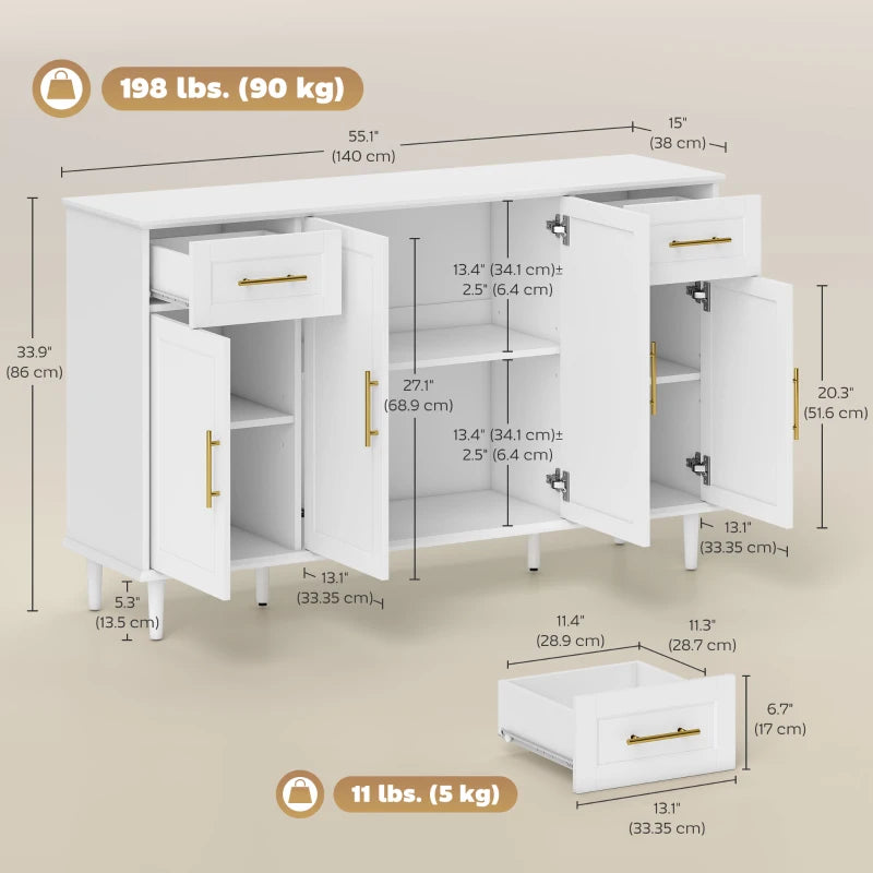 55" Buffet Cabinet with Soft-Close Doors, Modern Sideboard with 2 Drawers, 3 Adjustable Shelves and 4 Doors, White