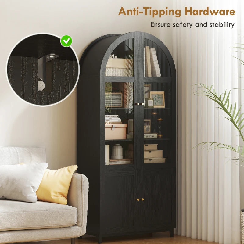Arched Kitchen Pantry Cabinet, 71" Tall Farmhouse Kitchen Storage Cabinet with Acrylic Glass Doors, Black