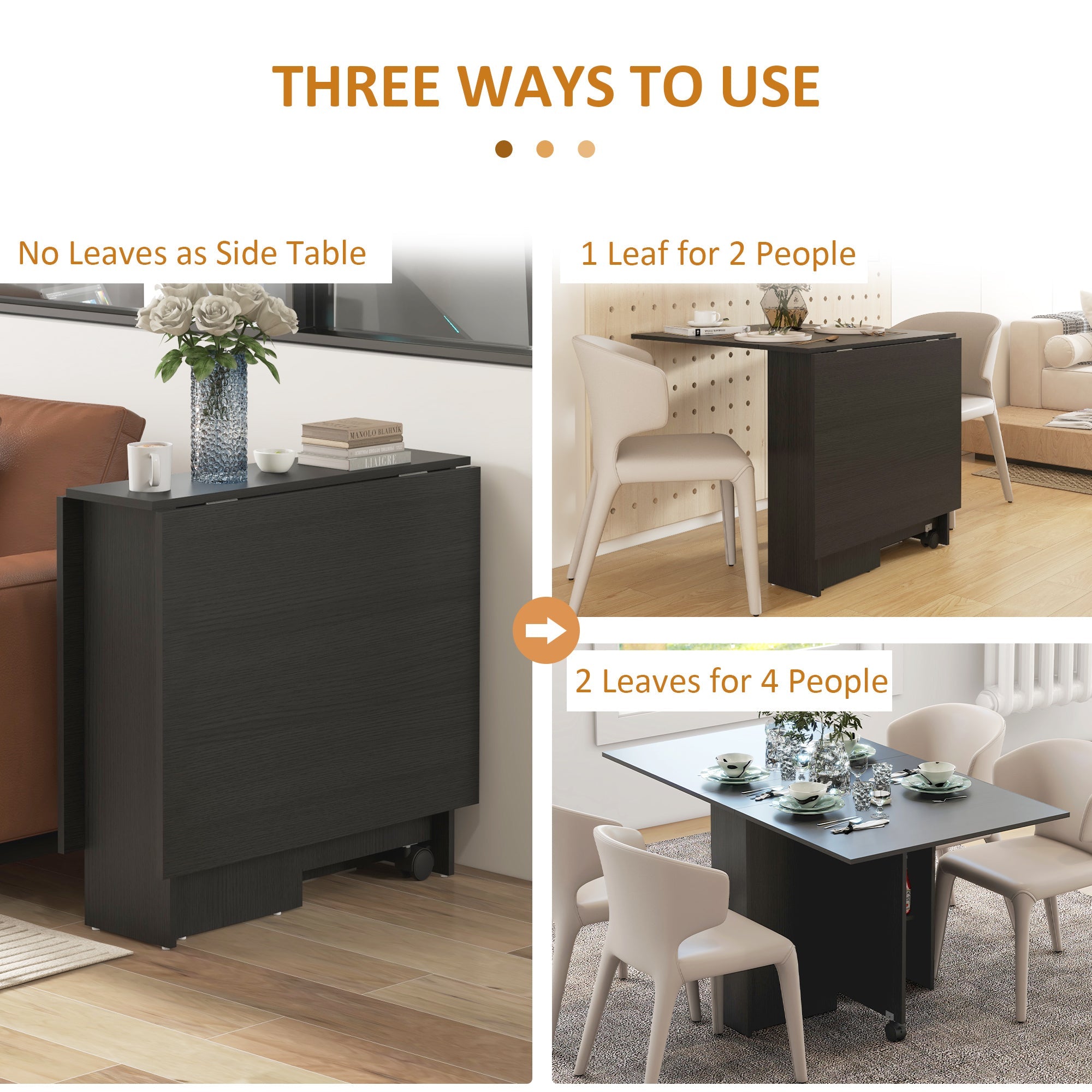 HOMCOM Foldable Dining Table with Storage Shelves Drop Leaf Rolling Wheel for Small Spaces