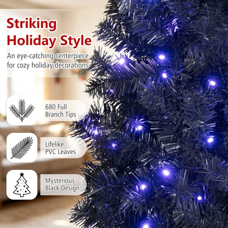 6 FT Pre-Lit Black Halloween Christmas Tree with 250 Vibrant Purple LED Lights