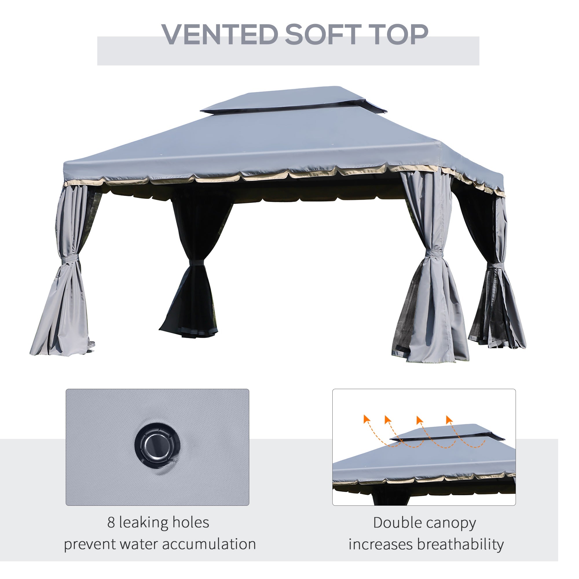 Outsunny 13' x 10' Outdoor Patio Gazebo Canopy with 2-Tier Polyester Roof, Vented Mesh Sidewall & Strong Aluminum Frame, Grey