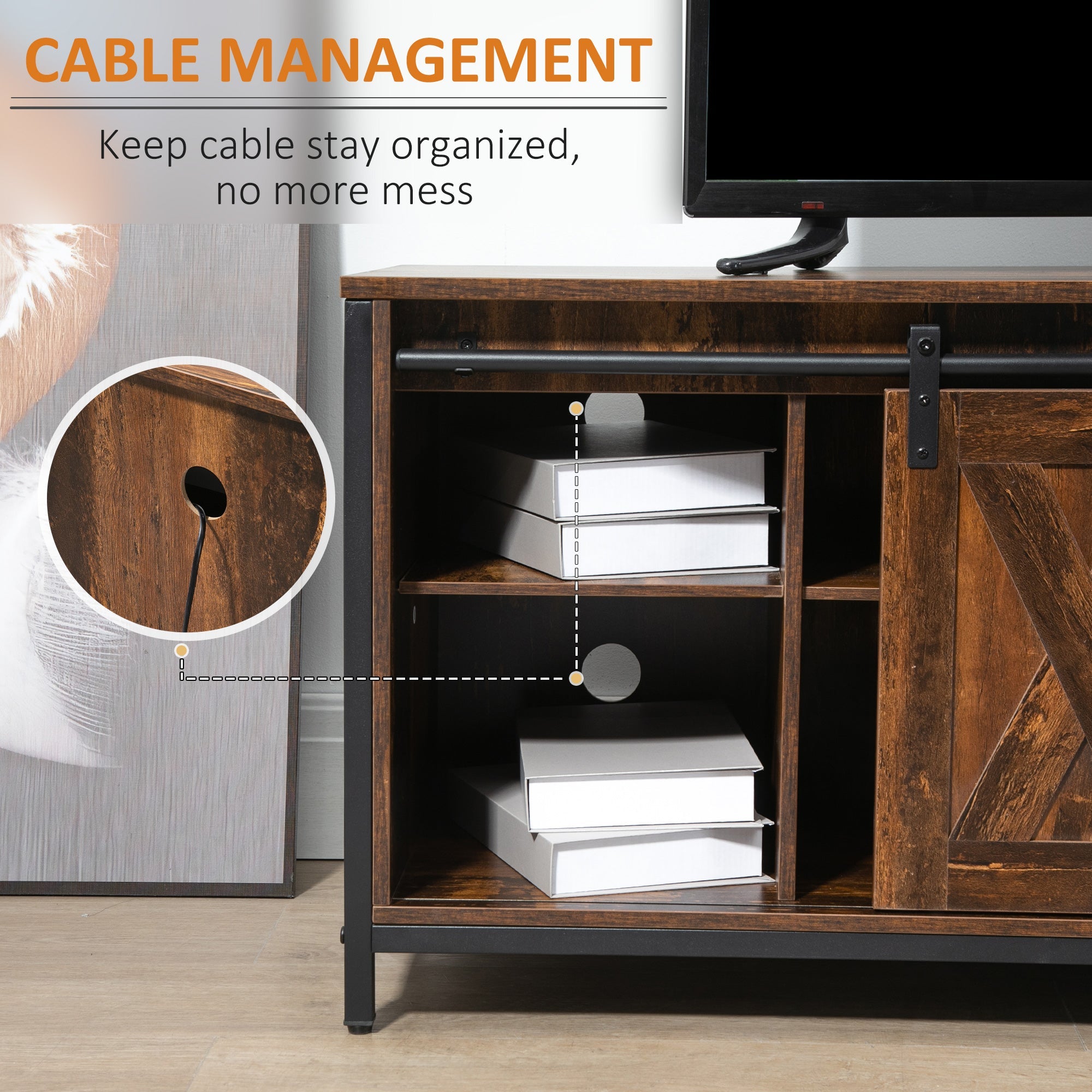 HOMCOM Industrial TV Stand: 60" TV Console, Sliding Barn Doors, Storage, Freestanding Entertainment Unit, Brown