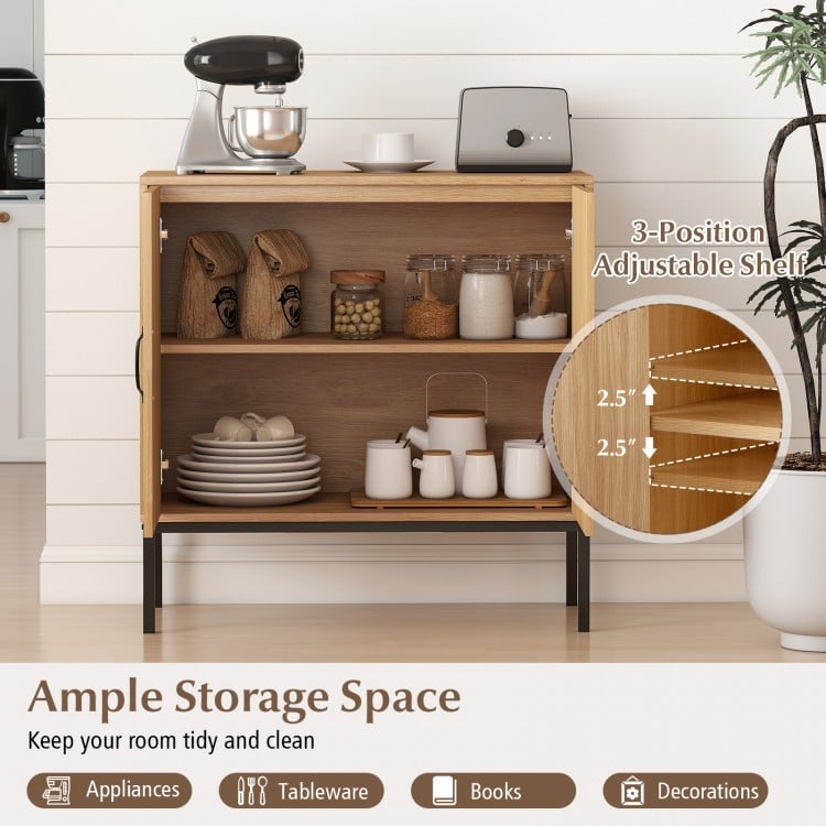 Boho Storage Cabinet with Asymmetrical Pattern Doors for Kitchen-Natural