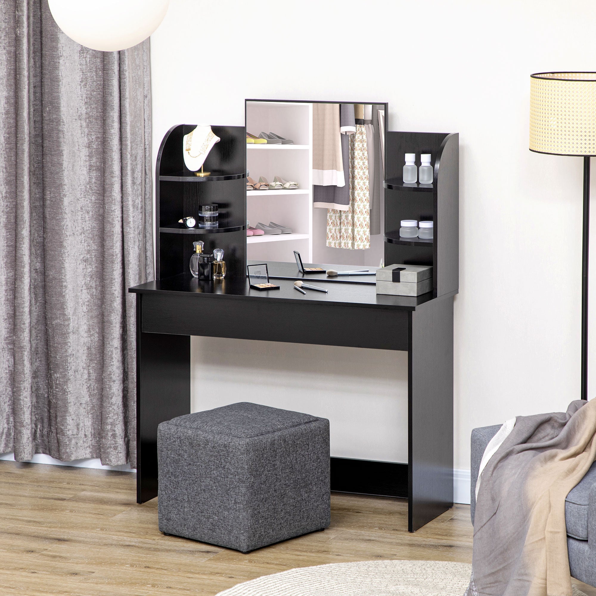 HOMCOM Vanity Table Wood Dressing Table w/ Makeup Mirror, Big Drawers, Open Shelf for Bedroom Black