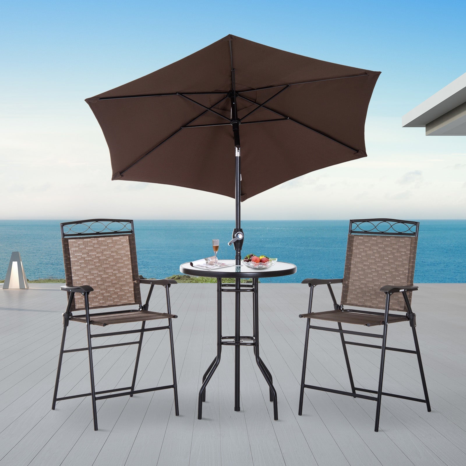 Outsunny 4 Piece Patio Bar Set Sling Folding Outdoor Furniture with Umbrella Brown for Poolside Backyard Garden