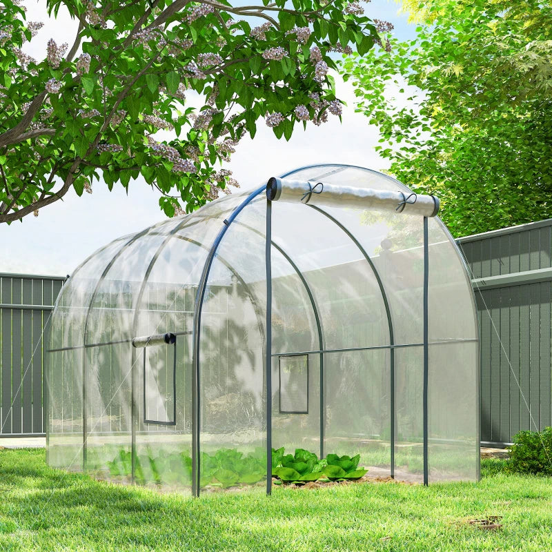 Polytunnel Greenhouse with Roll-up Door and Mesh Window, Walk-in Grow House Tent with Steel Frame, 3 x 2 x 2 m, Clear