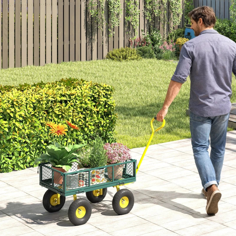 Garden Cart, Utility Wagon Cart with Removable Sides, Convert into Flatbed, 10" Wheels, 180° Rotating Handle, Green