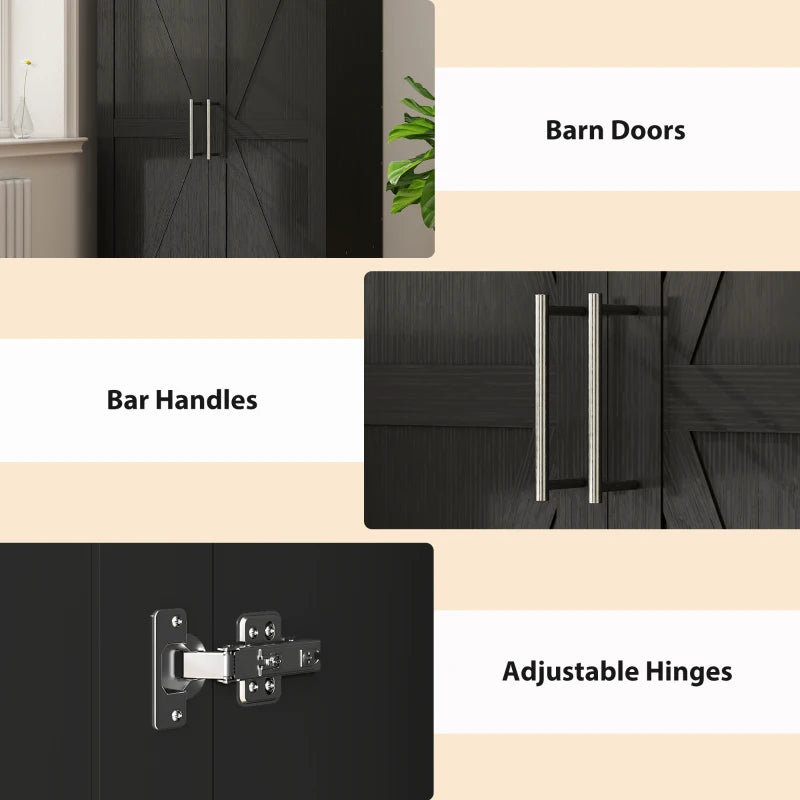 Wardrobe Cabinet with 2 Barn Doors and Hanging Rod, Farmhouse Armoire Wardrobe Closet for Bedroom, Black Wood Effect