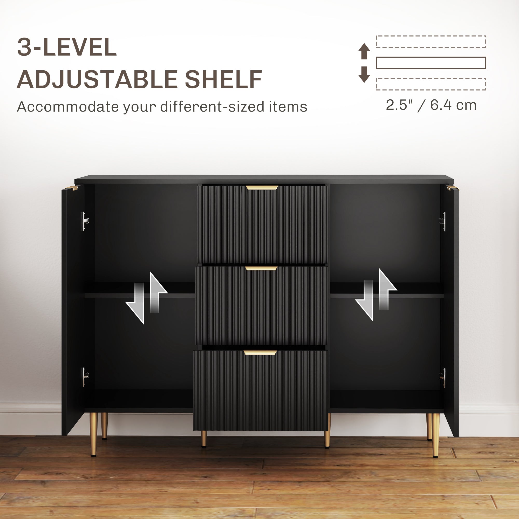 HOMCOM Modern Kitchen Storage Cabinet, Sideboard Buffet Cabinet w/ 3 Drawers and Adjustable Shelves for Kitchen Hallway, Black
