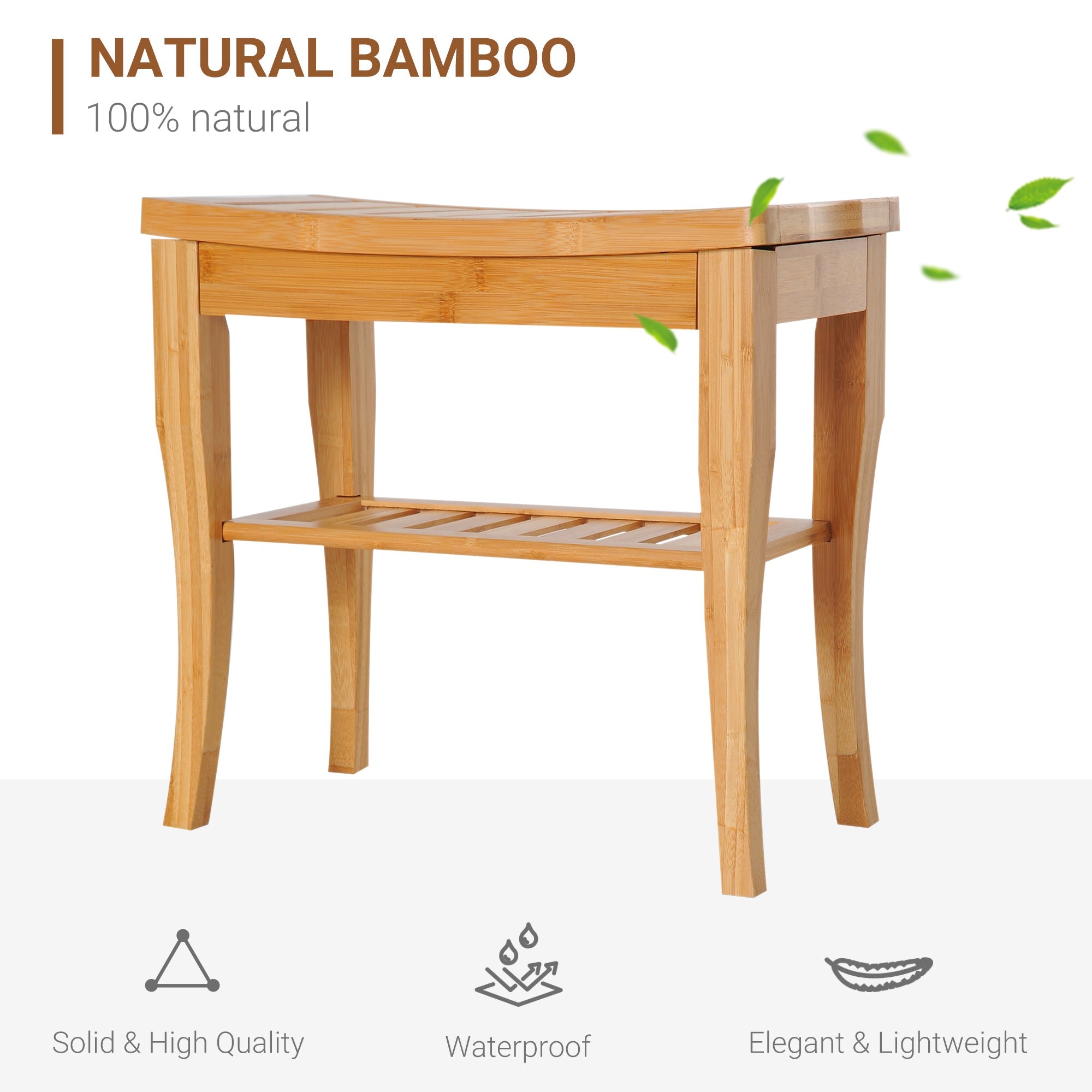 HOMCOM Bamboo Bliss: Spa Bath Seat Shower Bench with 20" Organizer Shelf, Bathroom Stool for Relaxation