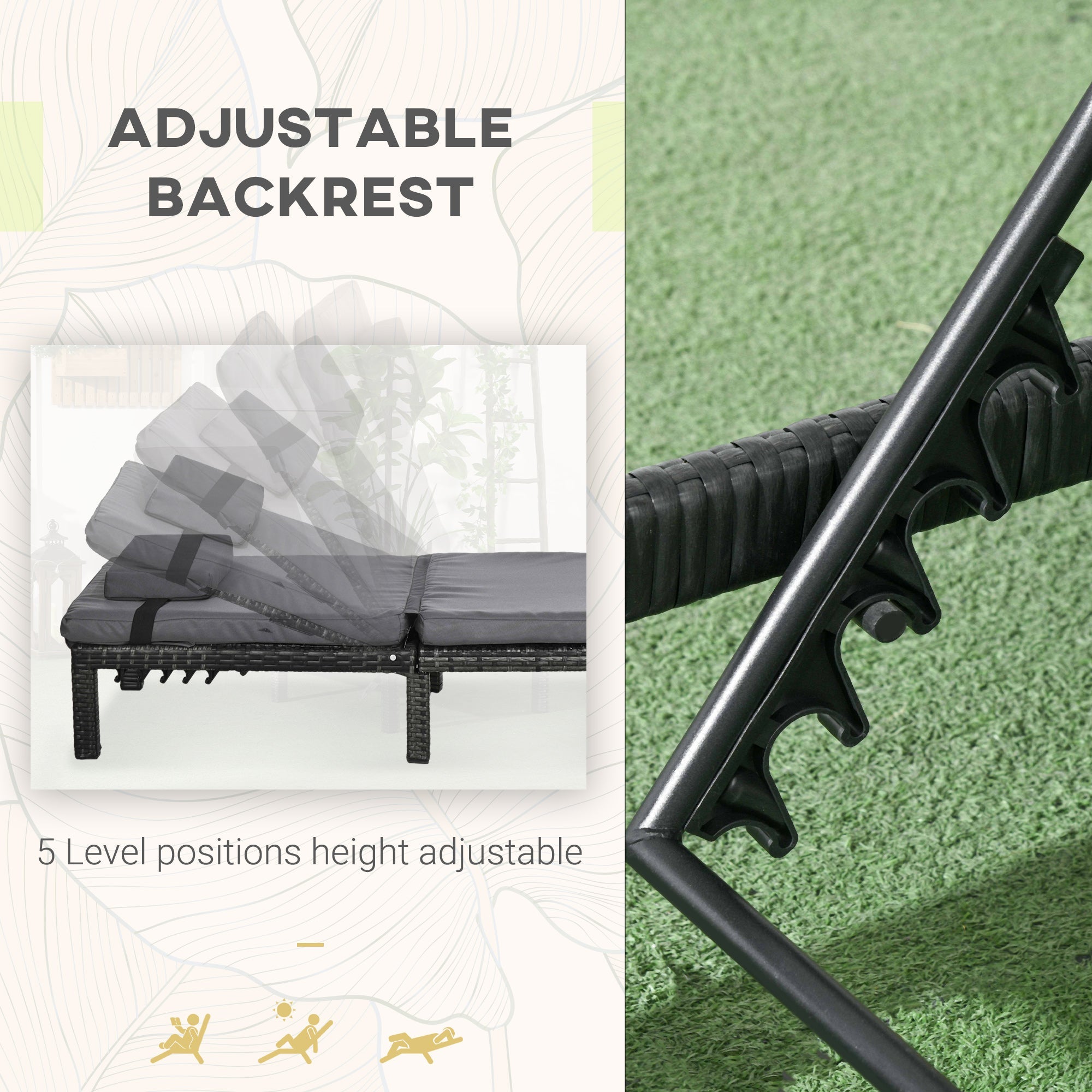 Outsunny Outdoor Lounger, Patio Lounger with 5-Level Adjustable Back, Headrest for Poolside, Garden, Backyard, Dark Grey
