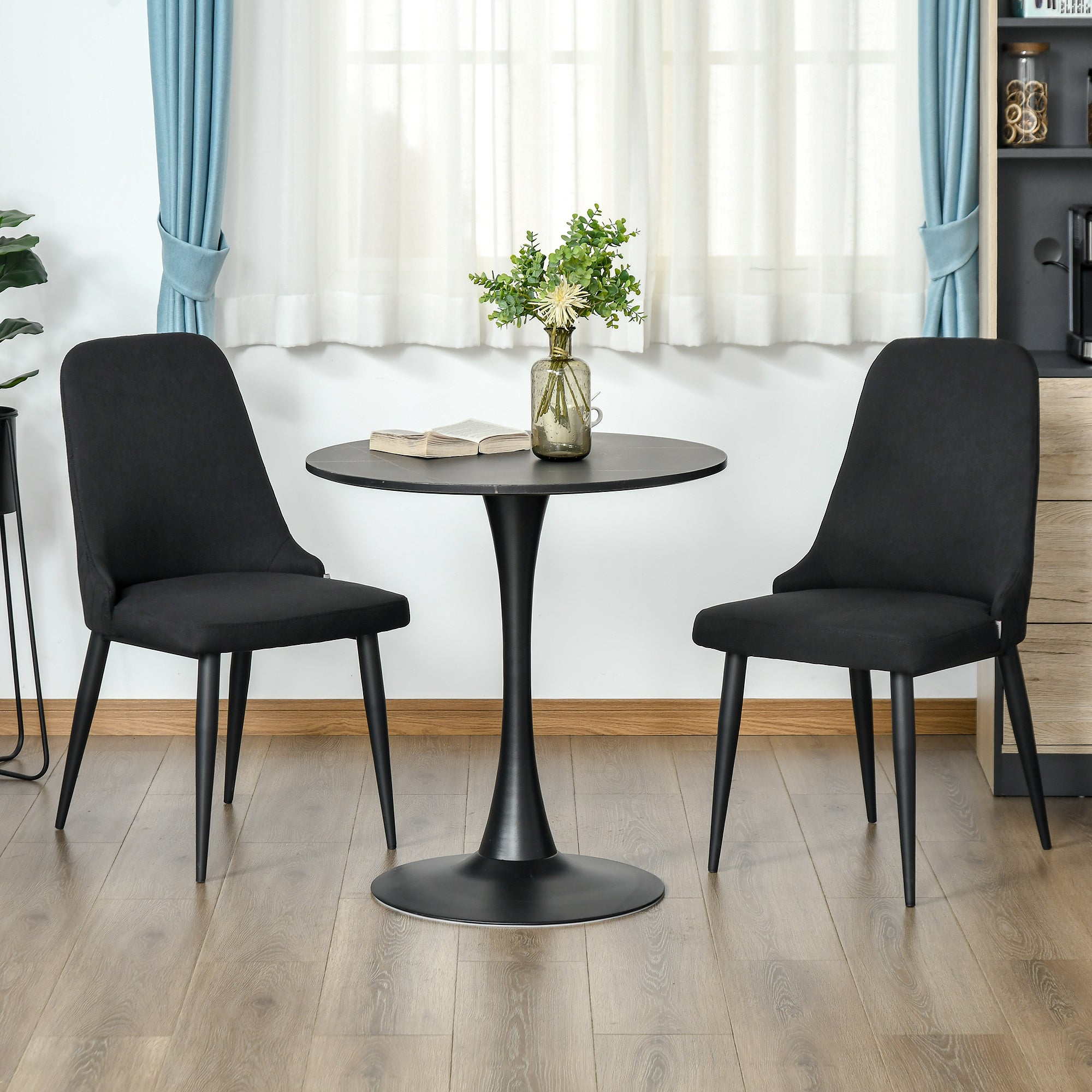 HOMCOM Set of 2 Modern Dining Chairs Black Fabric Upholstered Side Chairs with Metal Legs for Kitchen Living Room Elegance