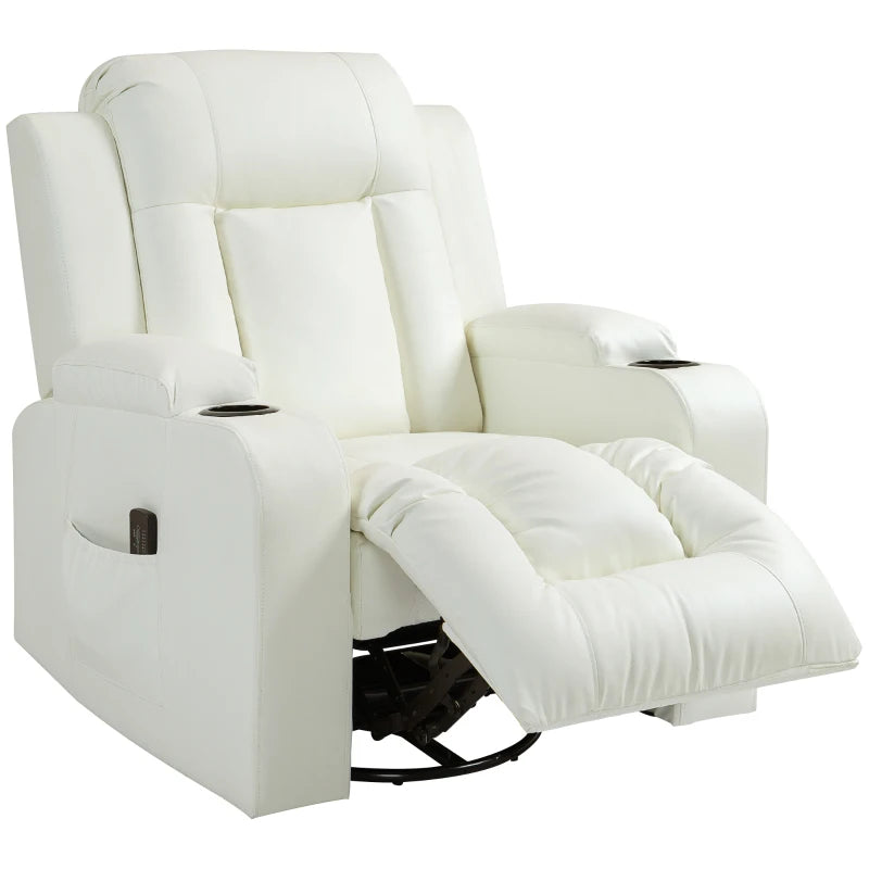 Swivel Massage Recliner Sofa, Overstuffed Manual Reclining Sofa, PU Leather Rocking Chair with Side Pockets, Cup Holders, for Living Room, Nursery, Cream White