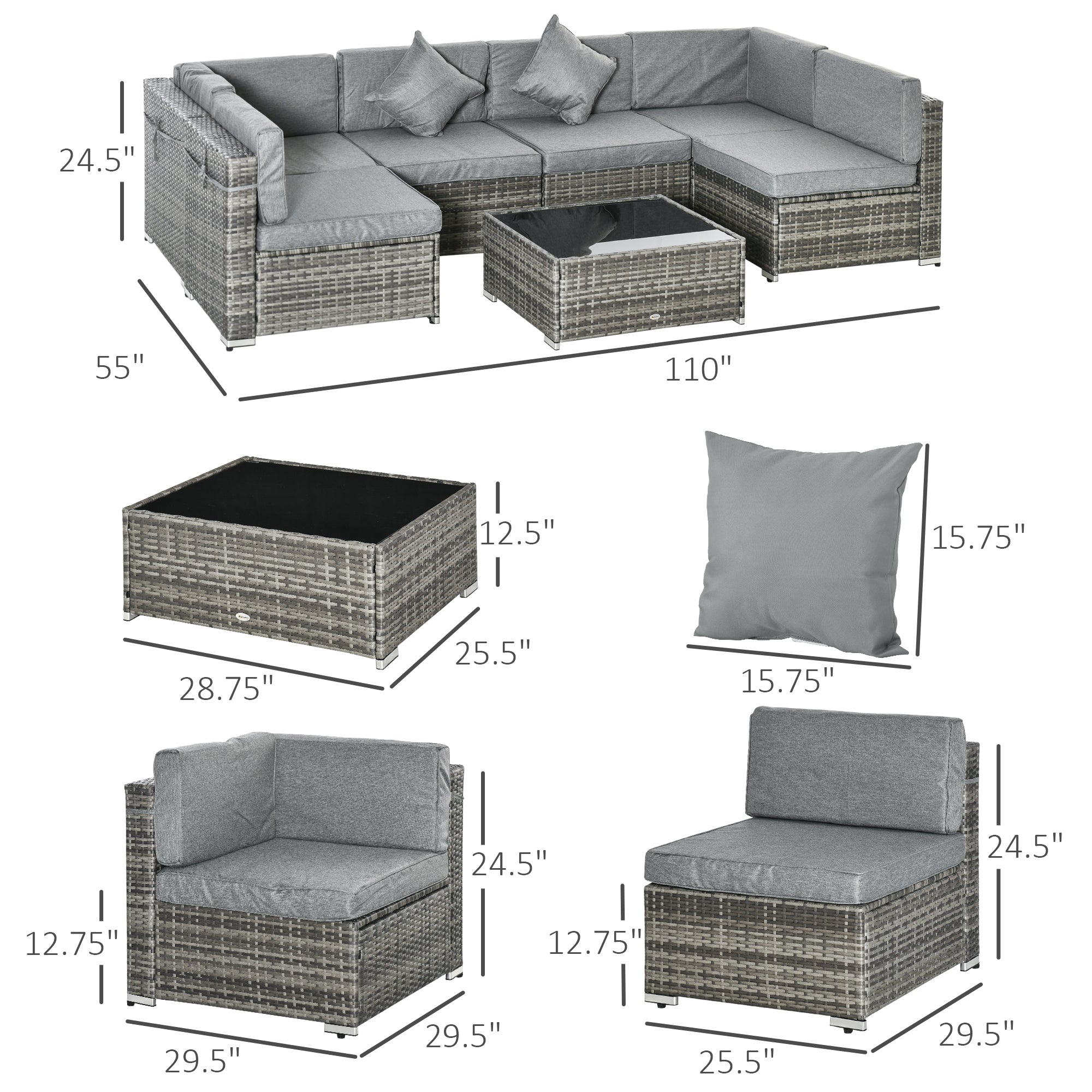 Outsunny 7pc Garden Wicker Sectional Set w/Tea Table Outdoor Wicker Sofa with Cushion, Grey