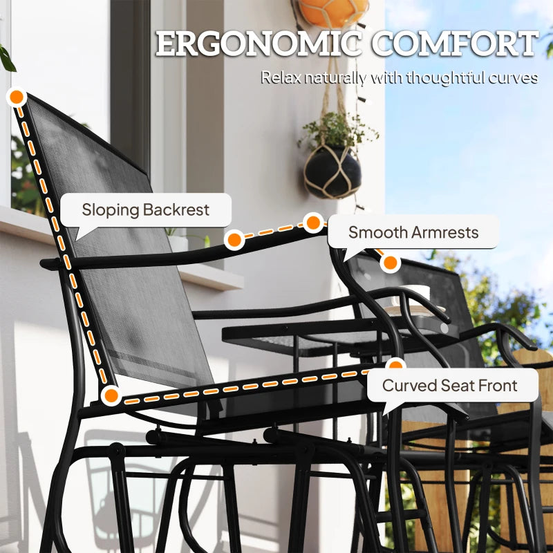 Double Patio Glider Chair with Glass Top Center Table, Outdoor Glider Loveseat with High Back, All Weather Breathable Mesh Fabric for Garden, Backyard, Deck, Black