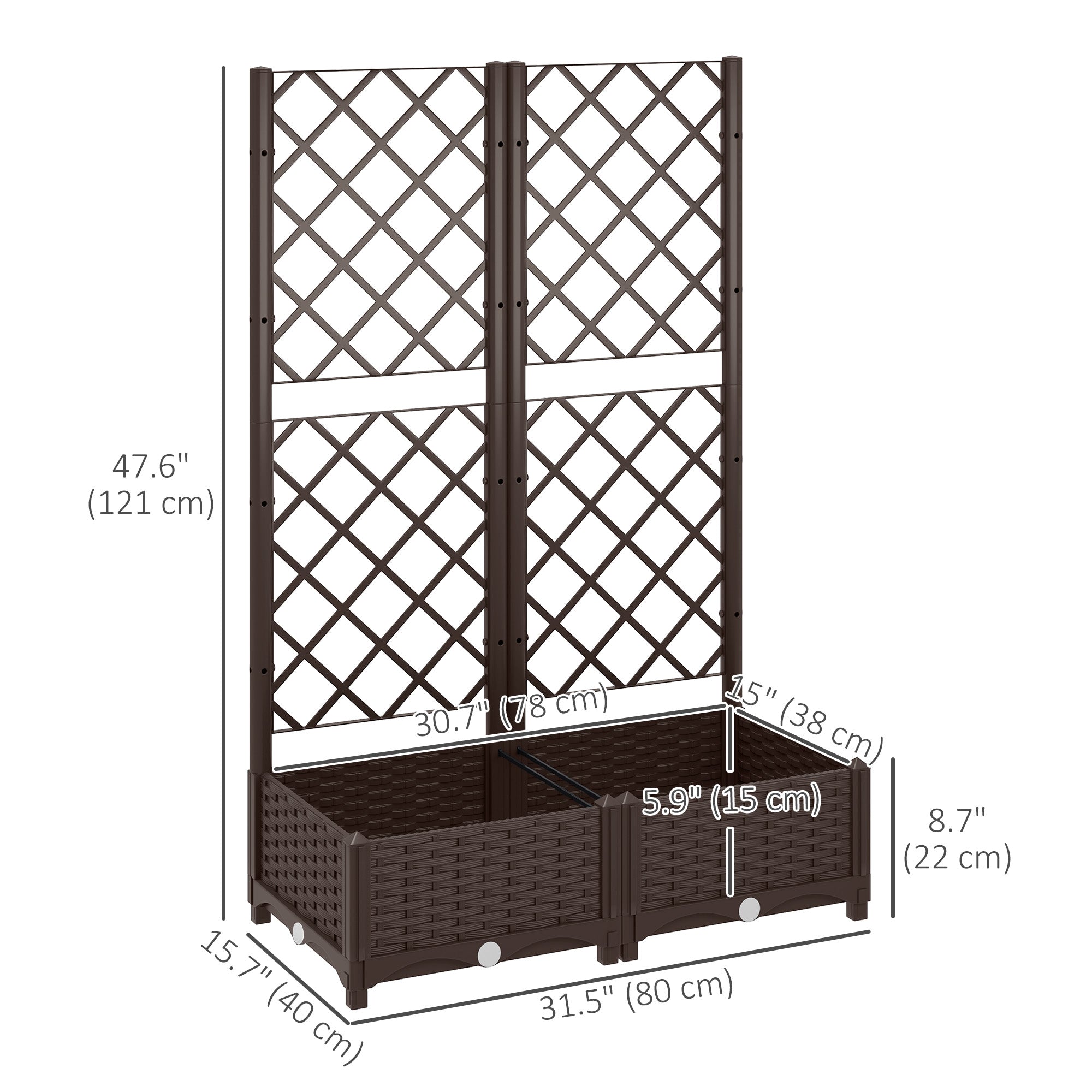 Outsunny Raised Garden Bed with Trellis, Plastic Raised Flower Bed with Drainage Holes and Drain Plugs, 32" x 16" x 48"