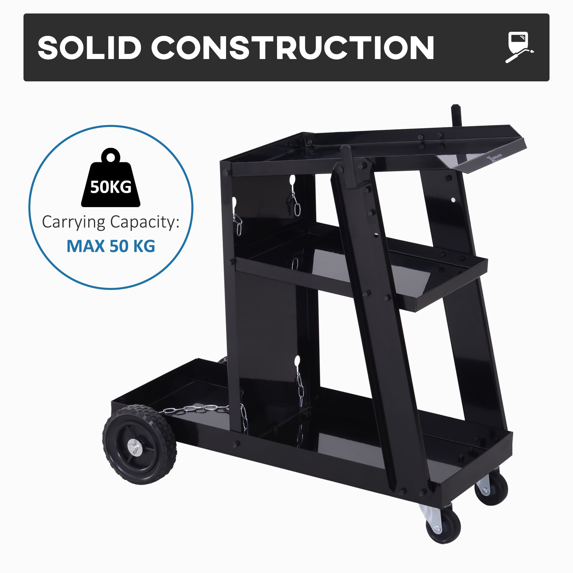 DURHAND Welding Workhorse: Heavy-Duty 3-Tier Welder Trolley Cart with Safety Chain, Black