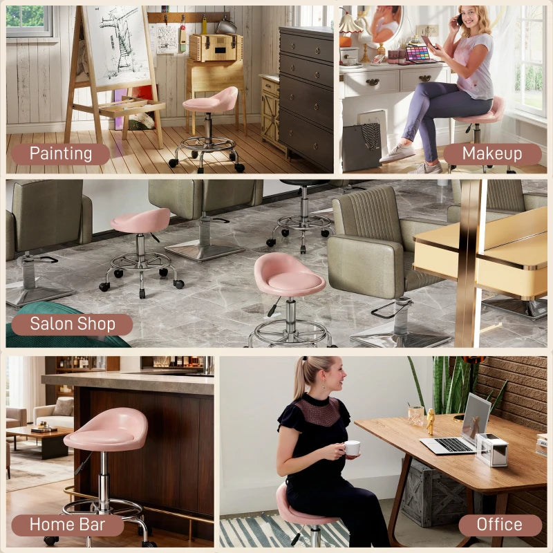 PU Leather Rolling Stool, Height Adjustable Swivel Salon Chair with Backrest and Foot Rest for Spa, Tattoo, Pink
