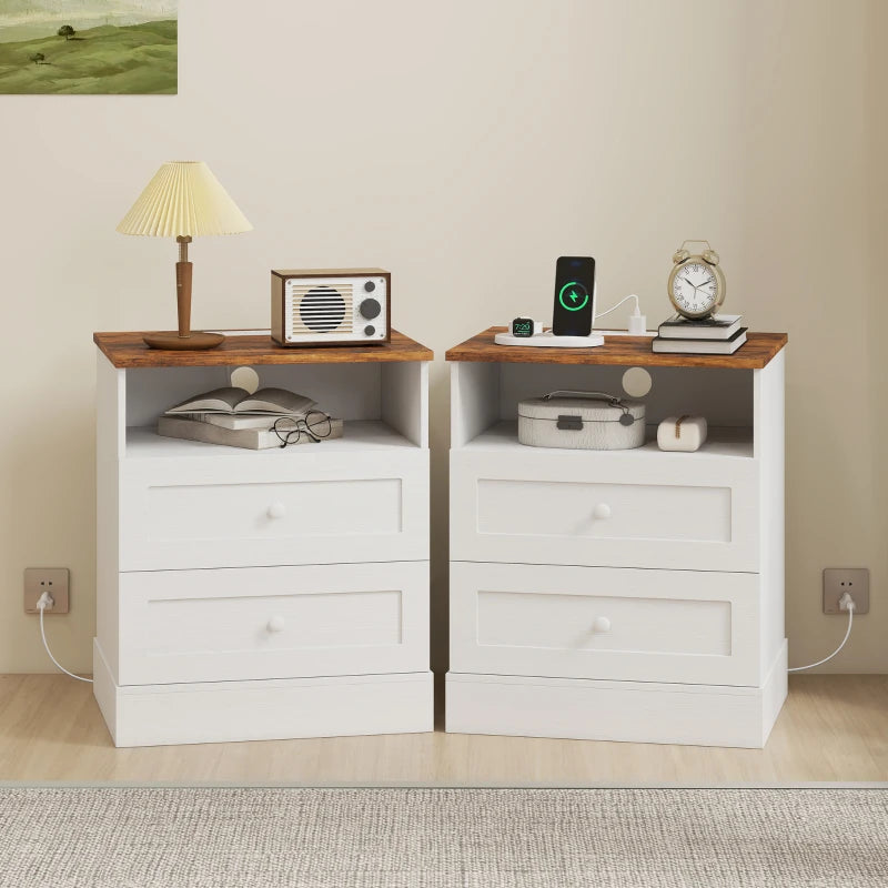 HOMCOM Nightstand Set of 2 with Charging Station, Bedside Tables with 2 Drawers, Open Shelf, AC Outlets, USB & USB-C Ports, White & Oak