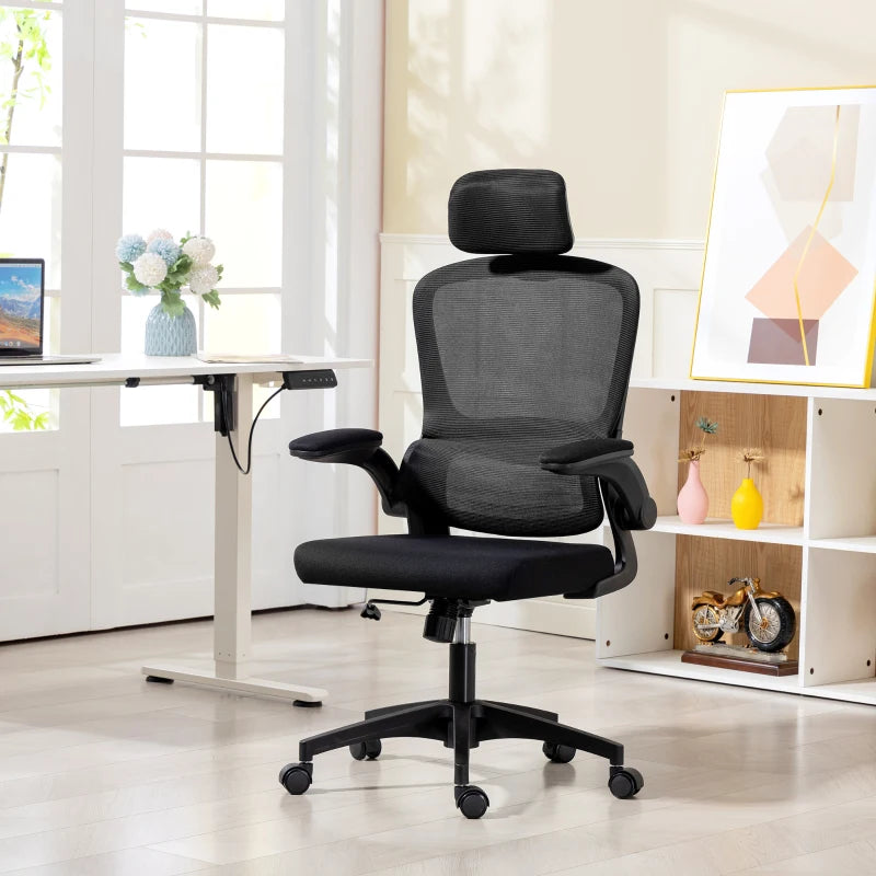 Ergonomic Mesh Office Chair, High Back Desk Chair with Rotatable Headrest, Flip-Up Armrests, Lumbar Support, Black