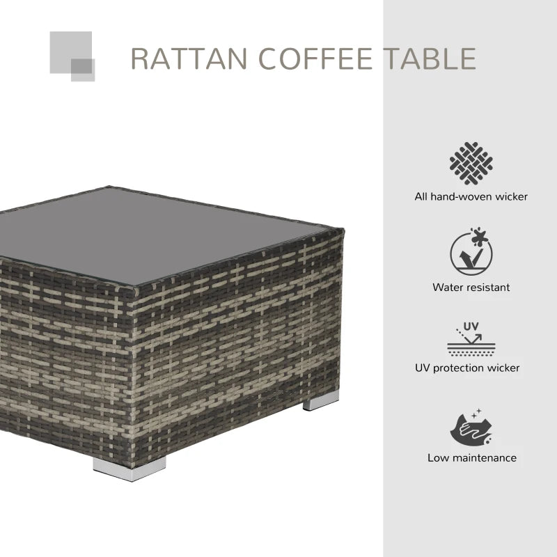 Rattan Garden Coffee Table, 25.6" Square Garden Rattan Table with Tempered Glass Top, Deep Grey