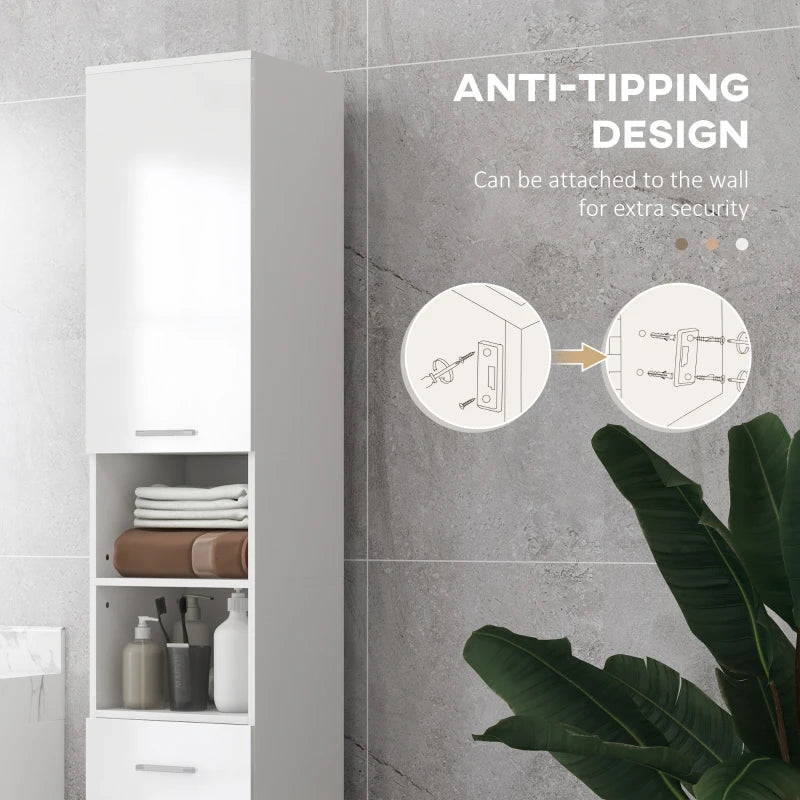 71" Tall Bathroom Storage Cabinet, Narrow Linen Tower with Drawer, Open Shelves, 2 Doors Cabinets and Adjustable Shelves, High Gloss White