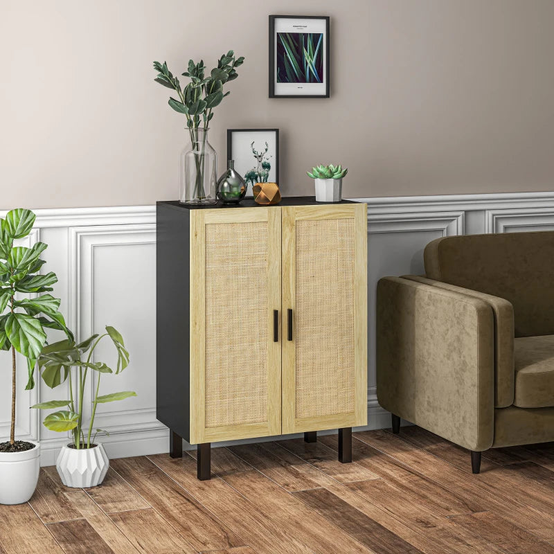 Boho Sideboard, Buffet Cabinet with Storage, Accent Cabinet with 2 Rattan Doors and Adjustable Shelves, Black