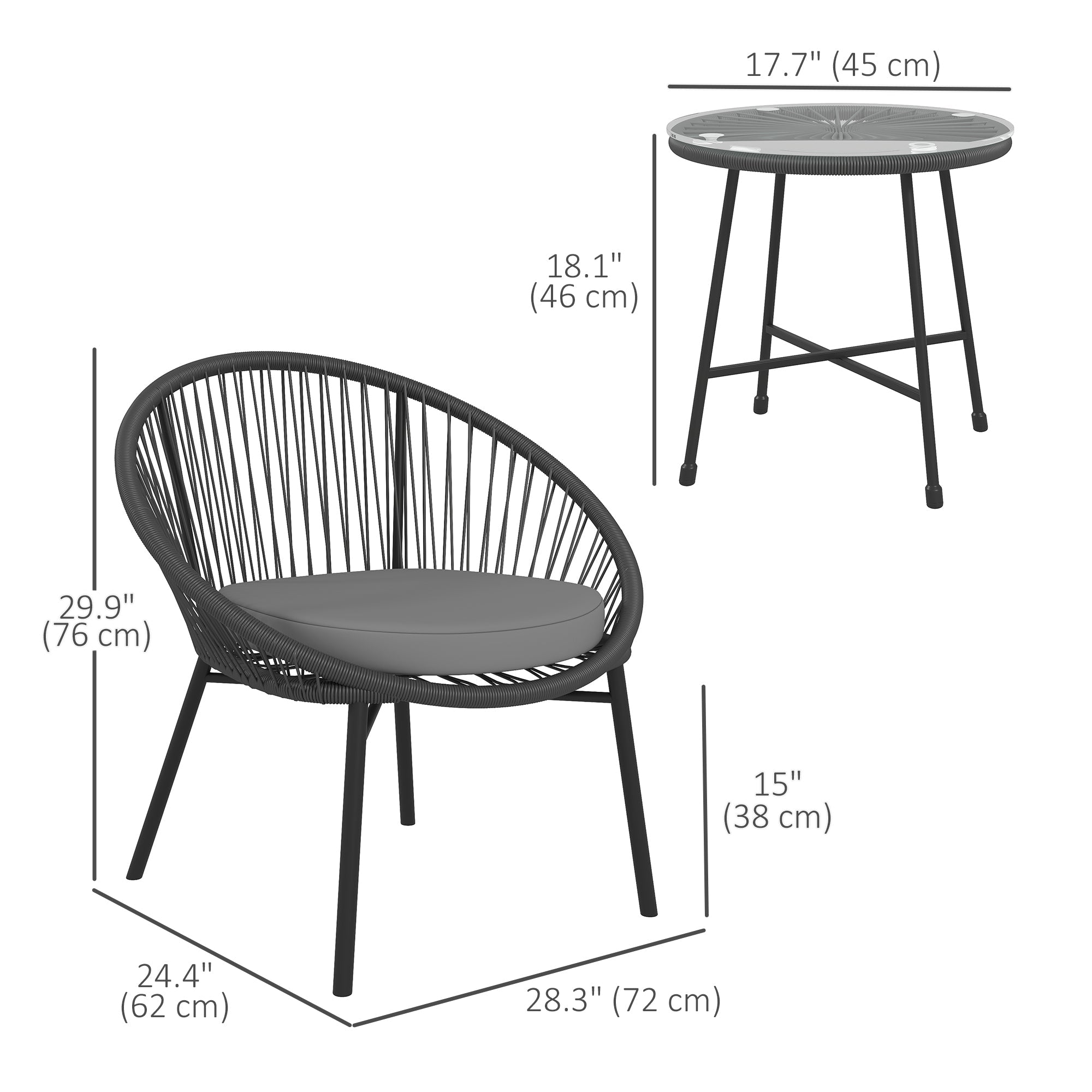 Outsunny 3 Piece Wicker Patio Furniture Set with Soft Seat Cushions, Tempered Glass Tabletop, Bistro Set for Garden, Black