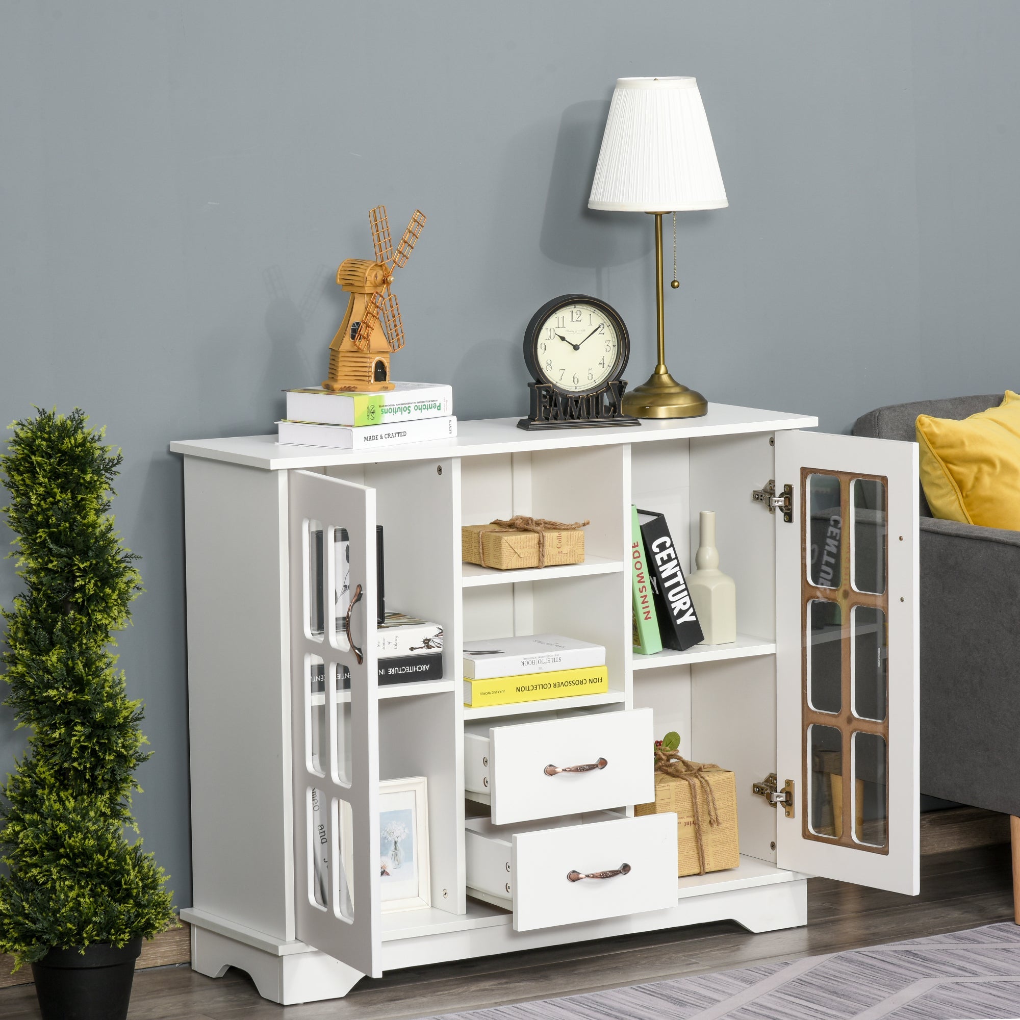 HOMCOM Elegant Buffet Bliss: Kitchen Sideboard with 2 Drawers, Glass Doors for Coffee Bar Storage, White Finish