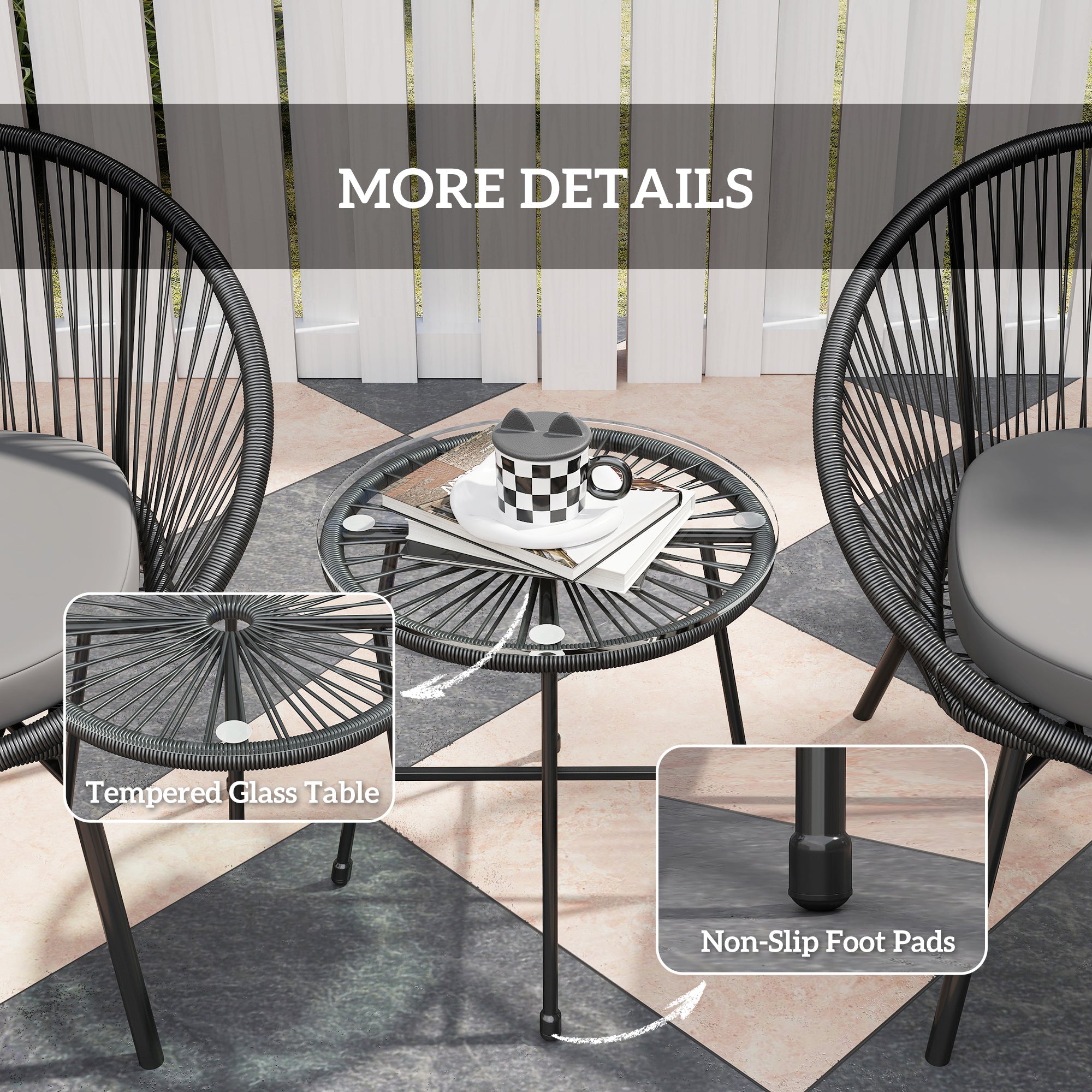 Outsunny 3 Piece Wicker Patio Furniture Set with Soft Seat Cushions, Tempered Glass Tabletop, Bistro Set for Garden, Black