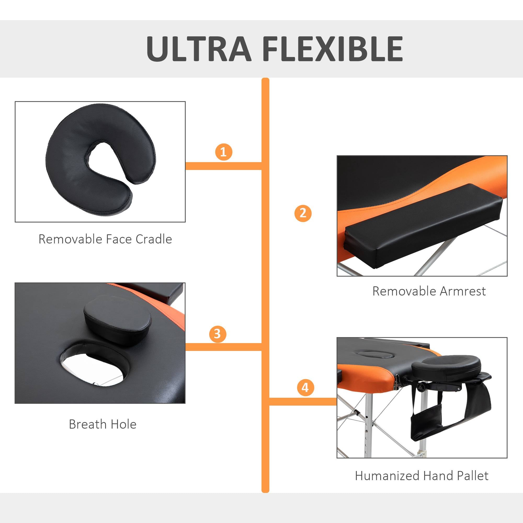 HOMCOM Portable Luxury: 73" 3 Section Foldable Salon Bed, Facial Couch in Black Orange for Spa Therapy Equipment