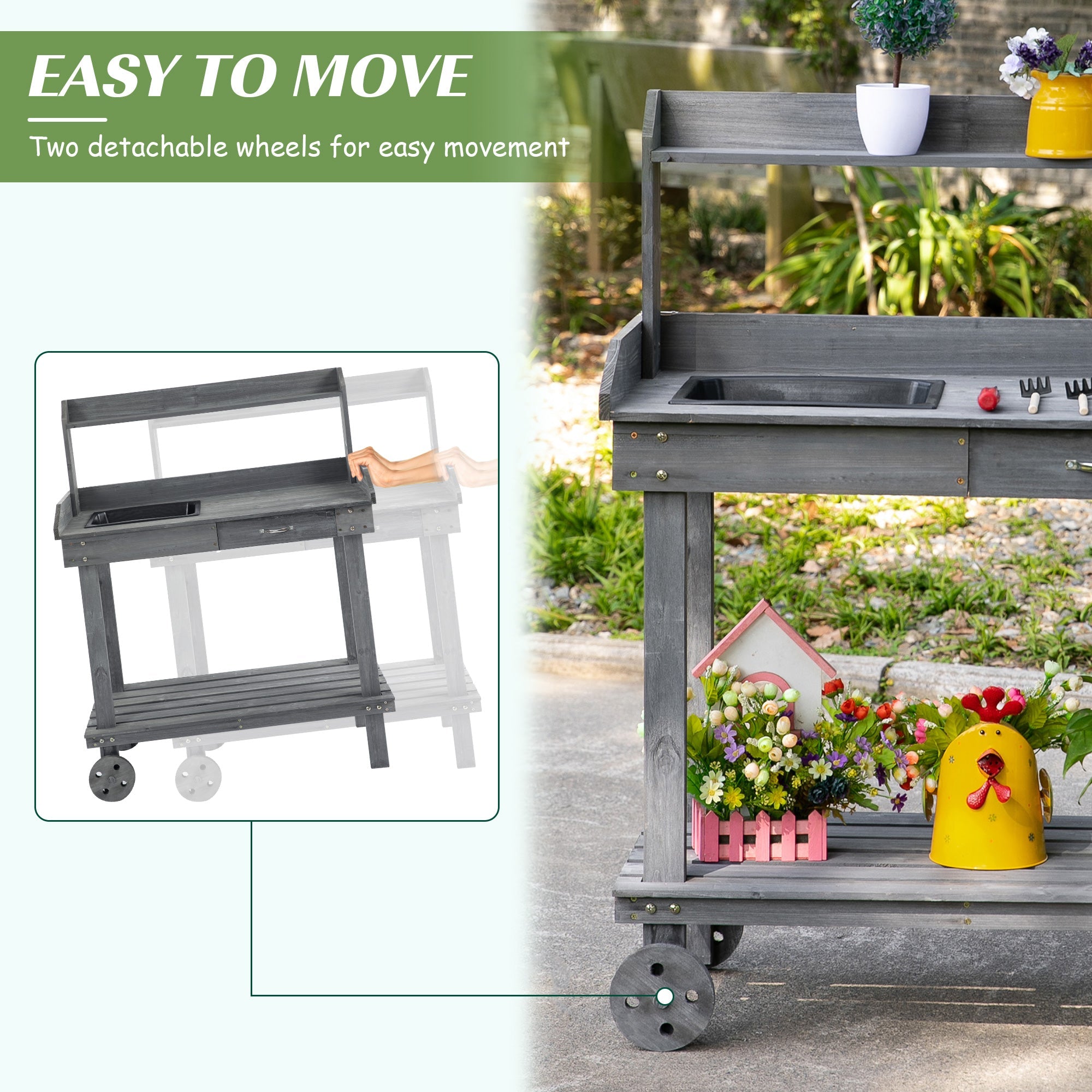 Outsunny Wooden Potting Bench 36" Work Table with Removable Wheels Sink Drawer Storage Spaces Gray